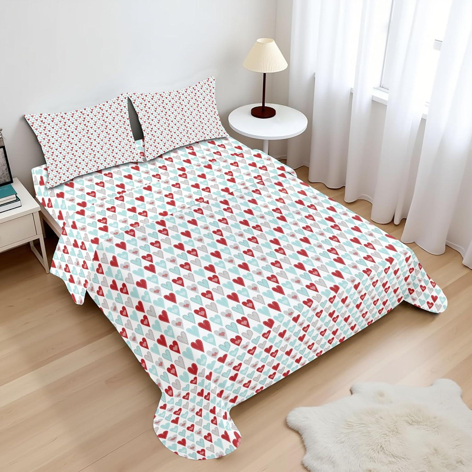 imageAmbesonne Heart Sheet Set Valentines Day Theme Repetitive Hearts Love Romance Art Style Pattern Fitted and Flat Sheet with Pillowcases Bedding Accent 4 Piece Set King Ruby Pale Blue White
