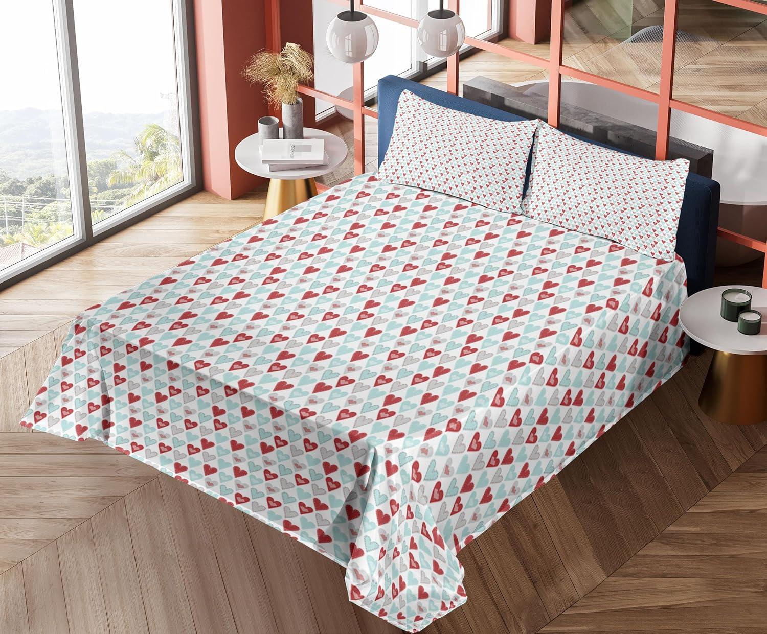 imageAmbesonne Heart Sheet Set Valentines Day Theme Repetitive Hearts Love Romance Art Style Pattern Fitted and Flat Sheet with Pillowcases Bedding Accent 4 Piece Set King Ruby Pale Blue White