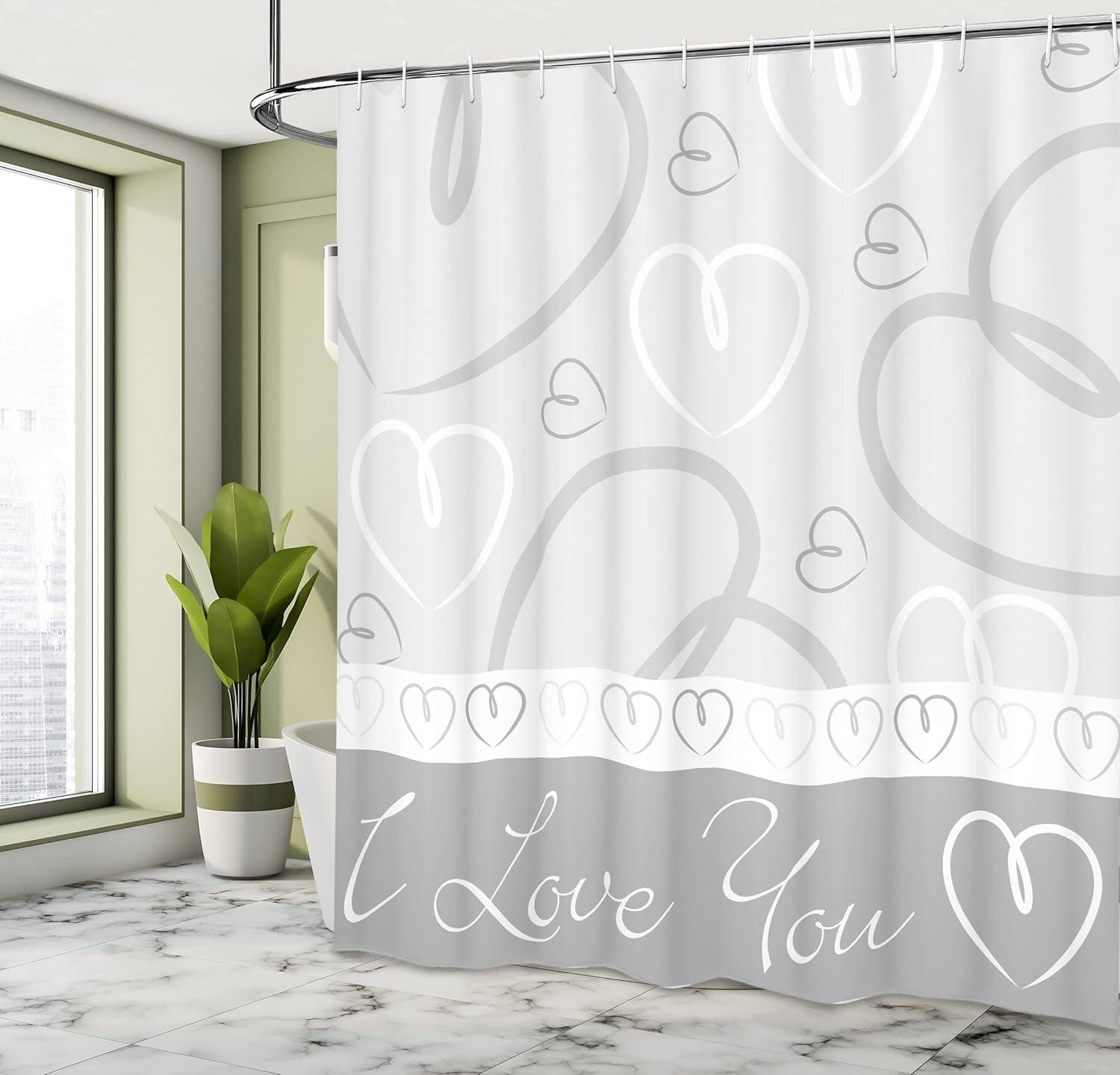 imageAmbesonne Hearts Shower Curtain Romantic Hand Drawn Doodle Heart Shapes I Love You Phrase and Border Cloth Fabric Bathroom Decor Set with Hooks 69 W x 84 L Pale Grey White Grey