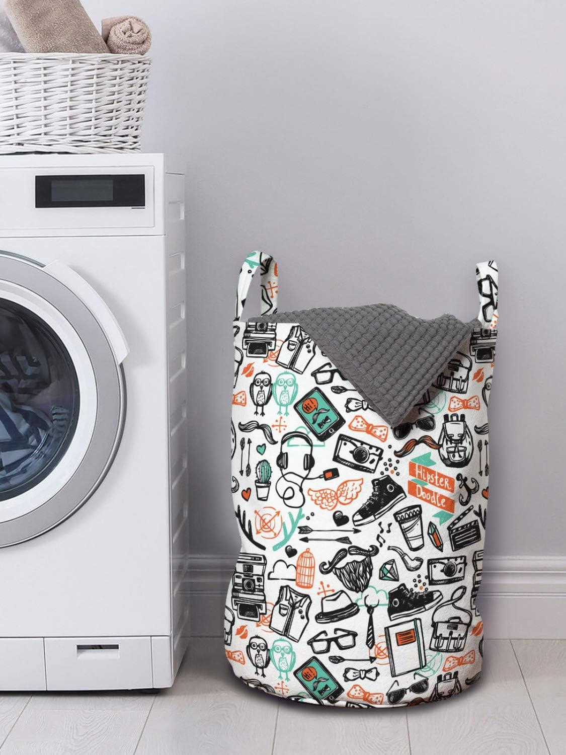 imageAmbesonne Indie Laundry Bag Hipster Fashion Themed Pattern Clothing Accessories and Sketchy Art Hamper Basket with Handles Drawstring Closure for Laundromats 13 x 19 Seafoam Orange Black