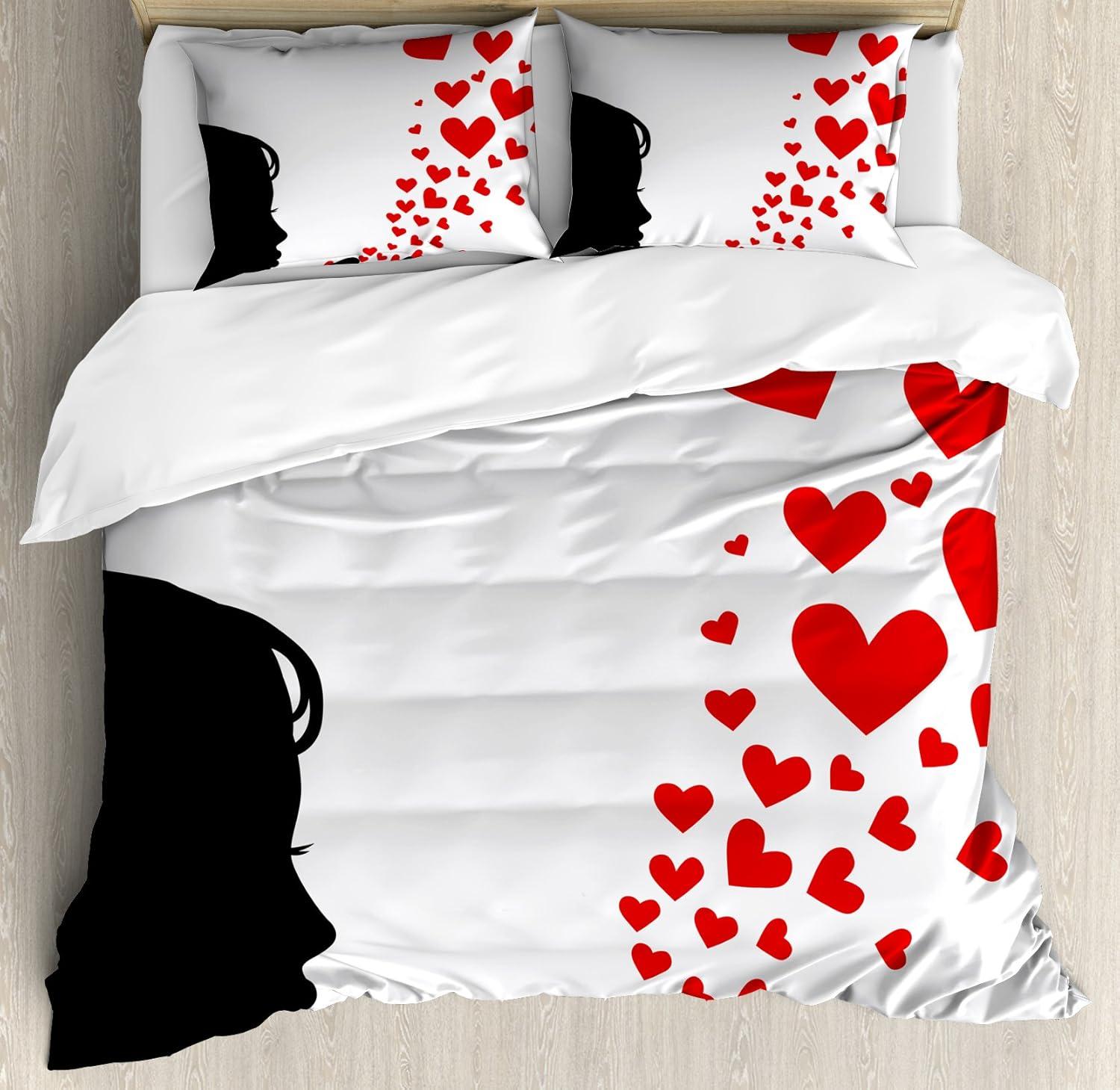 imageAmbesonne Kiss Duvet Cover Set Girl Black Silhouette Blowing Red Hearts Romance Love Valentines Day Theme Decorative 3 Piece Bedding Set with 2 Pillow Shams Queen Size Black White RedBlack White Red