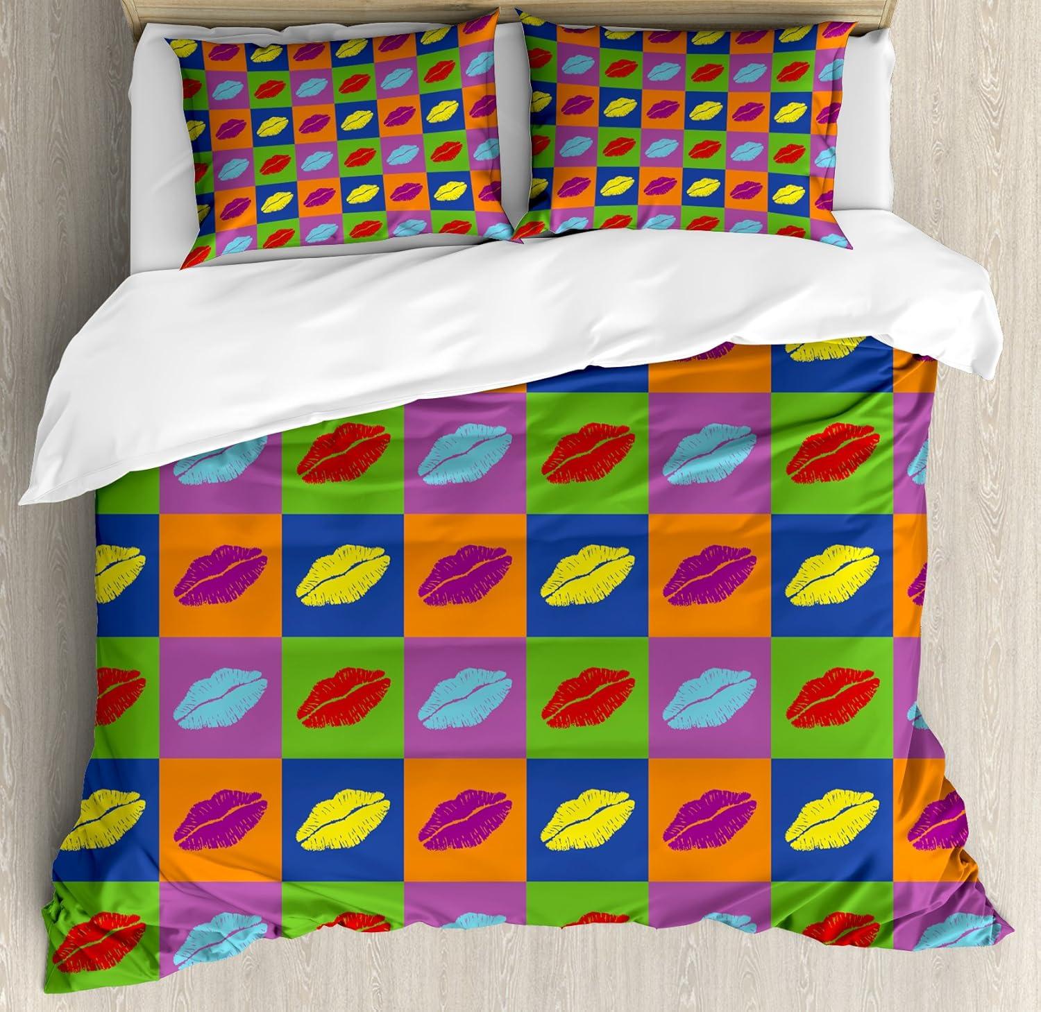 imageAmbesonne Kiss Duvet Cover Set Girl Black Silhouette Blowing Red Hearts Romance Love Valentines Day Theme Decorative 3 Piece Bedding Set with 2 Pillow Shams Queen Size Black White RedGreen and Multicolor