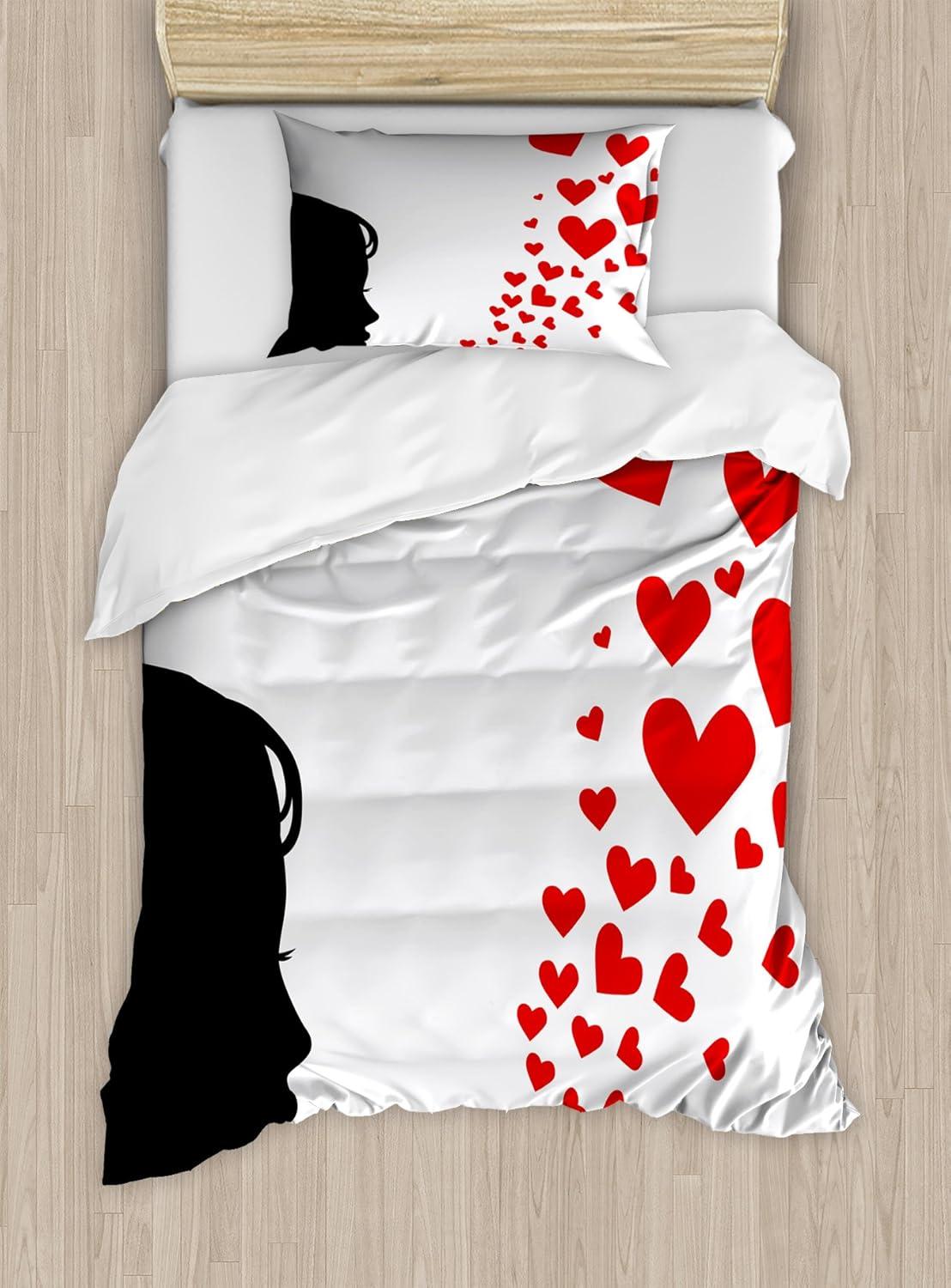 imageAmbesonne Kiss Duvet Cover Set Girl Black Silhouette Blowing Red Hearts Romance Love Valentines Day Theme Decorative 3 Piece Bedding Set with 2 Pillow Shams Queen Size Black White RedBlack White Red