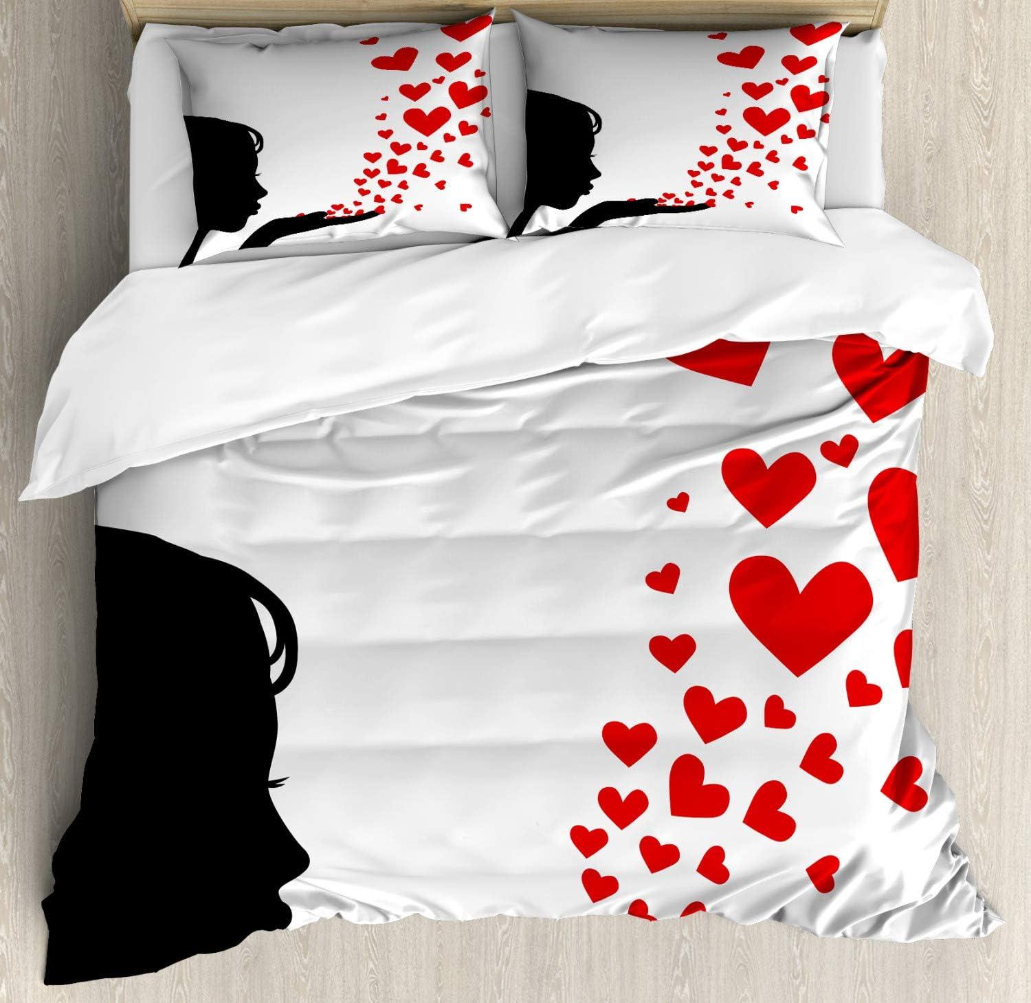 imageAmbesonne Kiss Duvet Cover Set Girl Black Silhouette Blowing Red Hearts Romance Love Valentines Day Theme Decorative 3 Piece Bedding Set with 2 Pillow Shams Queen Size Black White RedBlack White Red