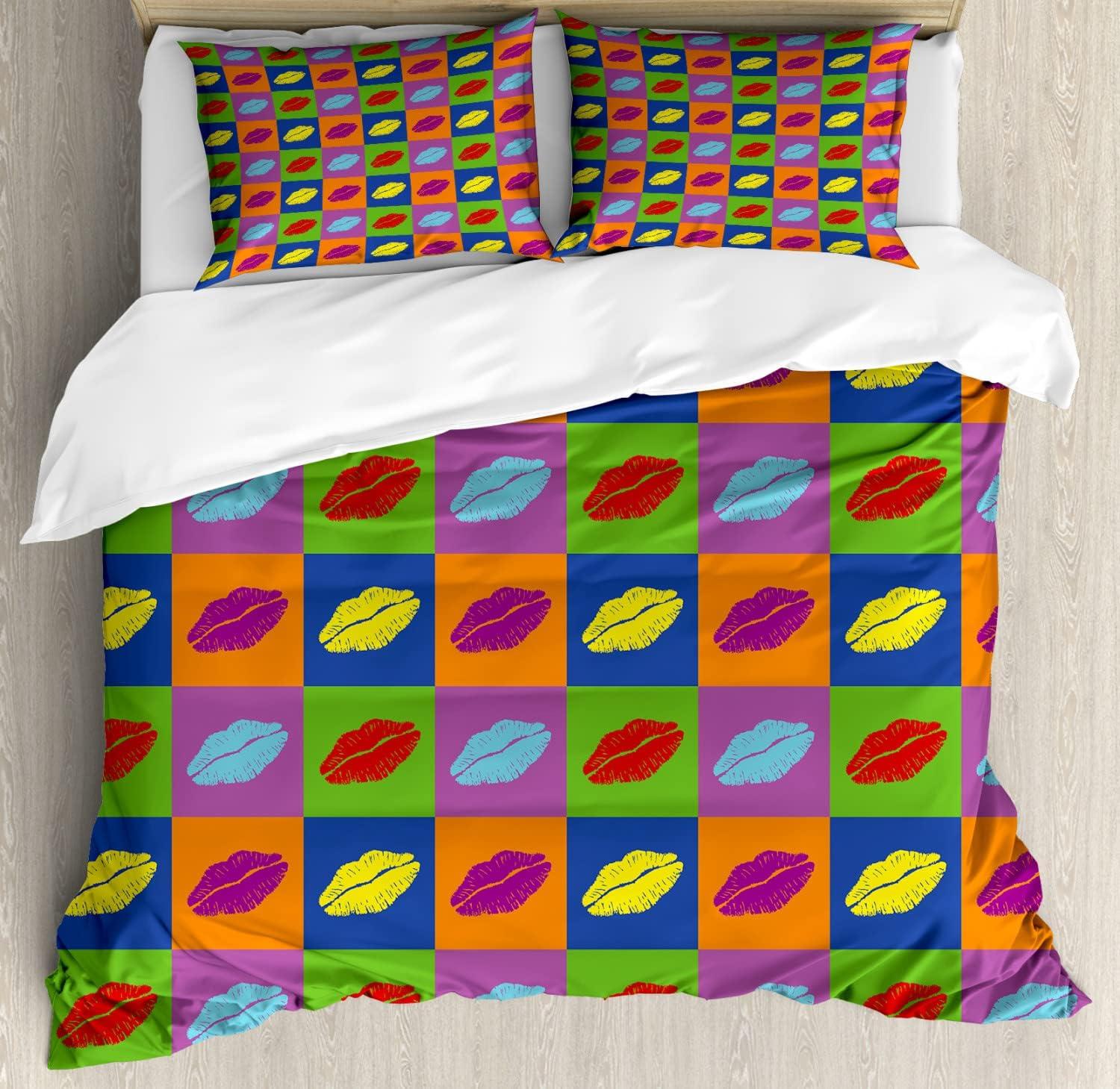imageAmbesonne Kiss Duvet Cover Set Girl Black Silhouette Blowing Red Hearts Romance Love Valentines Day Theme Decorative 3 Piece Bedding Set with 2 Pillow Shams Queen Size Black White RedGreen and Multicolor
