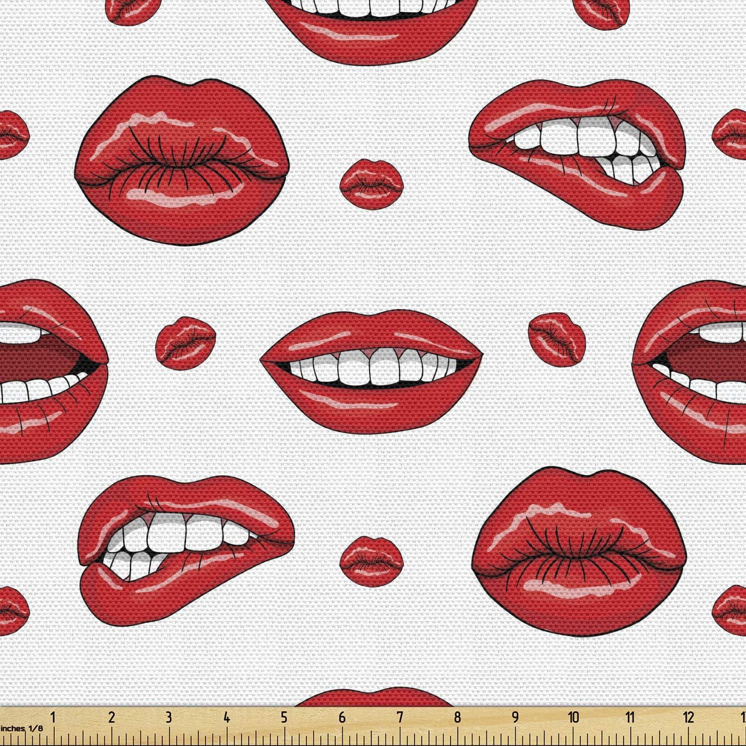 imageAmbesonne Kiss Fabric by The Yard Red Woman Lips Kiss Marks Pattern Romance Feminine Graphic Valentines Day Stretch Knit Fabric for Clothing Sewing and Arts Crafts 1 Yard Vermilion IvoryWhite Vermilion