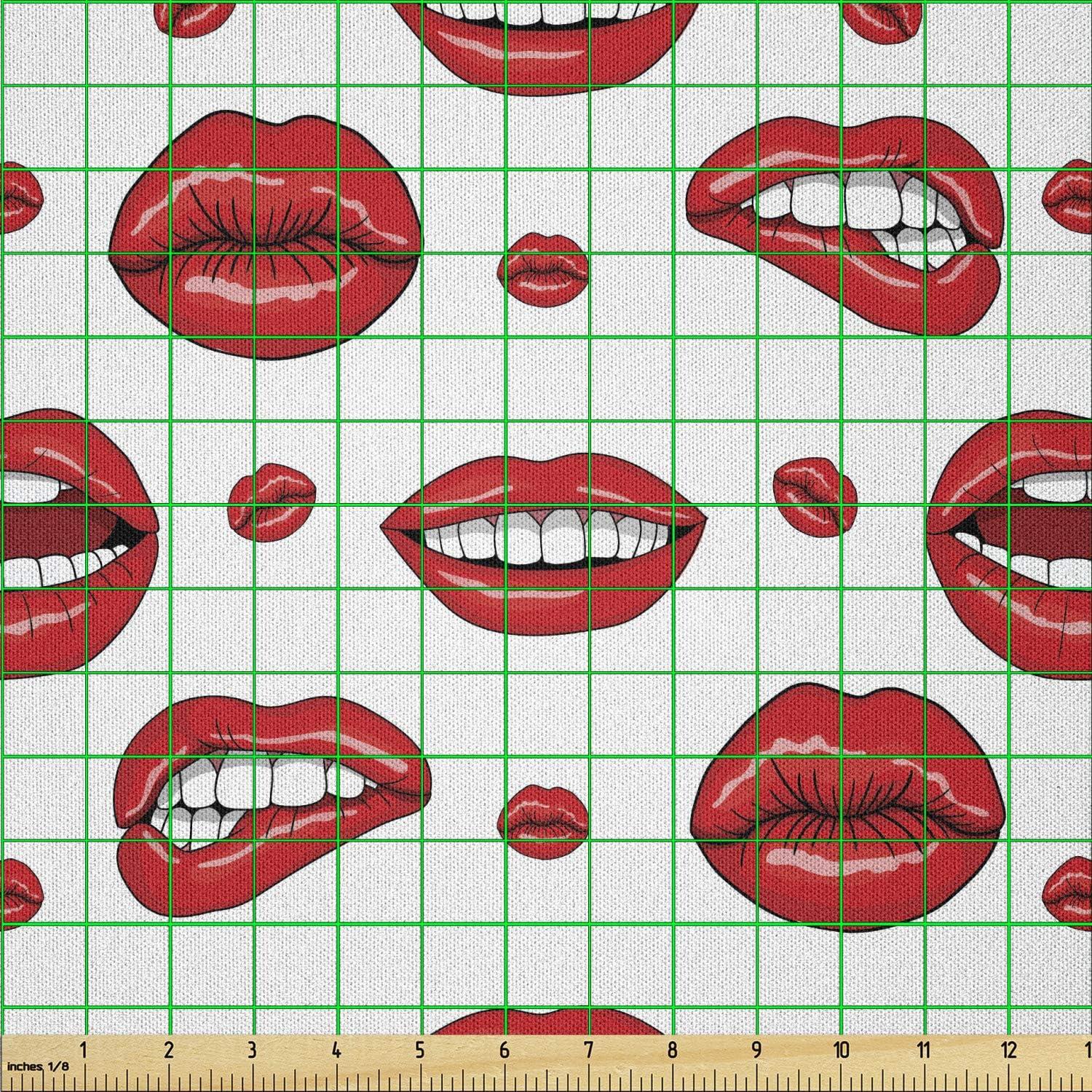 imageAmbesonne Kiss Fabric by The Yard Red Woman Lips Kiss Marks Pattern Romance Feminine Graphic Valentines Day Stretch Knit Fabric for Clothing Sewing and Arts Crafts 1 Yard Vermilion IvoryWhite Vermilion