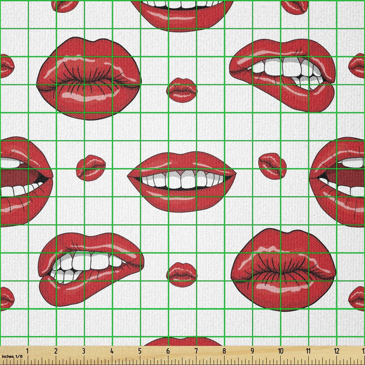 imageAmbesonne Kiss Fabric by The Yard Red Woman Lips Kiss Marks Pattern Romance Feminine Graphic Valentines Day Stretch Knit Fabric for Clothing Sewing and Arts Crafts 1 Yard Vermilion IvoryWhite Vermilion