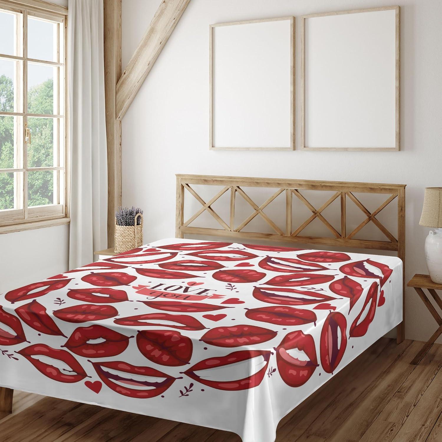 imageAmbesonne Kissing Flat Sheet Valentine Themed Multitude Smiling Sending Kisses Reddish Lips in Circular Form Soft Comfortable Top Sheet Decorative Bedding 1 Piece California King Ruby and WhiteCalifornia King