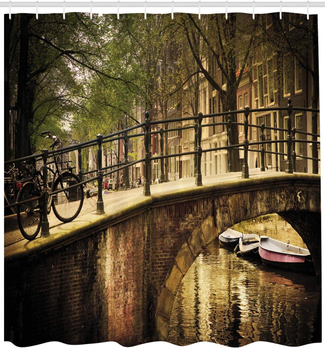 imageAmbesonne Landscape Shower Curtain Romantic Bridge Over Canal Amsterdam Netherlands European Famous Northern City Photo Cloth Fabric Bathroom Decor Set with Hooks 69 W x 70 L Cream