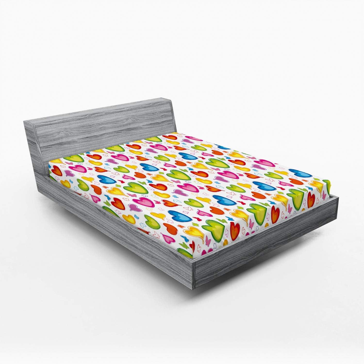 imageAmbesonne Love Fitted Sheet Colorful Hearts and Butterflies Silhouettes Doodle Style Happy Valentines Day Pattern Bed Cover with AllRound Elastic Deep Pocket for Comfort Queen Size MulticolorMulticolor