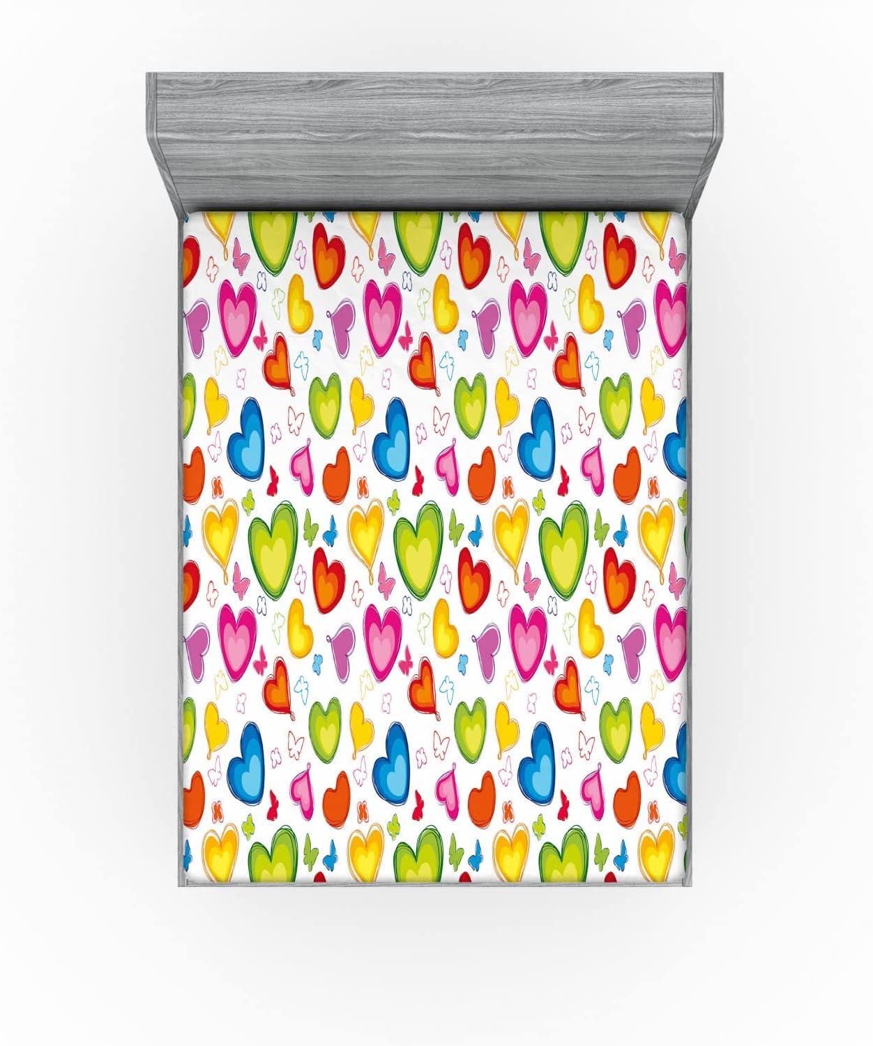imageAmbesonne Love Fitted Sheet Colorful Hearts and Butterflies Silhouettes Doodle Style Happy Valentines Day Pattern Bed Cover with AllRound Elastic Deep Pocket for Comfort Queen Size MulticolorMulticolor