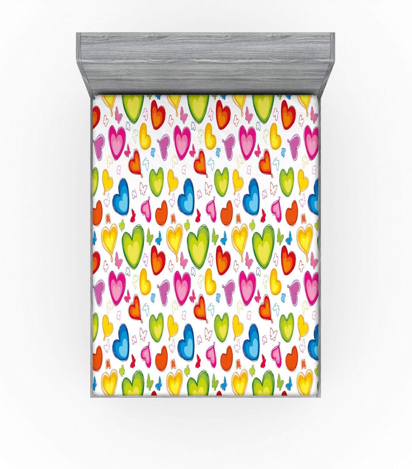 imageAmbesonne Love Fitted Sheet Colorful Hearts and Butterflies Silhouettes Doodle Style Happy Valentines Day Pattern Bed Cover with AllRound Elastic Deep Pocket for Comfort Queen Size MulticolorMulticolor