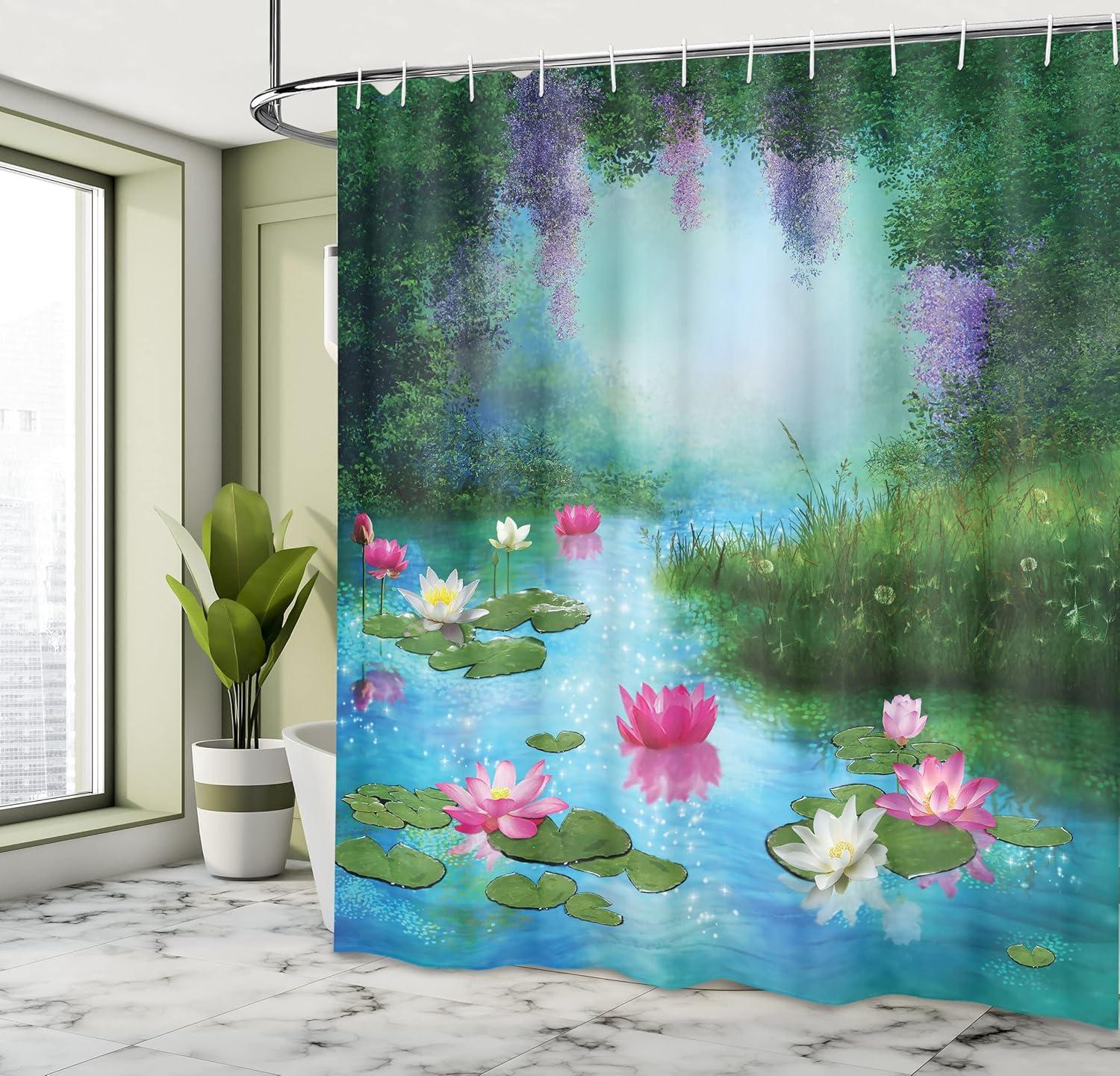 imageAmbesonne Nature Shower Curtain Fantasy Pond Water Lilies Floating Romantic Lotus Digital Art Cloth Fabric Bathroom Decor Set with Hooks 69 W x 70 L Aqua Pink Green