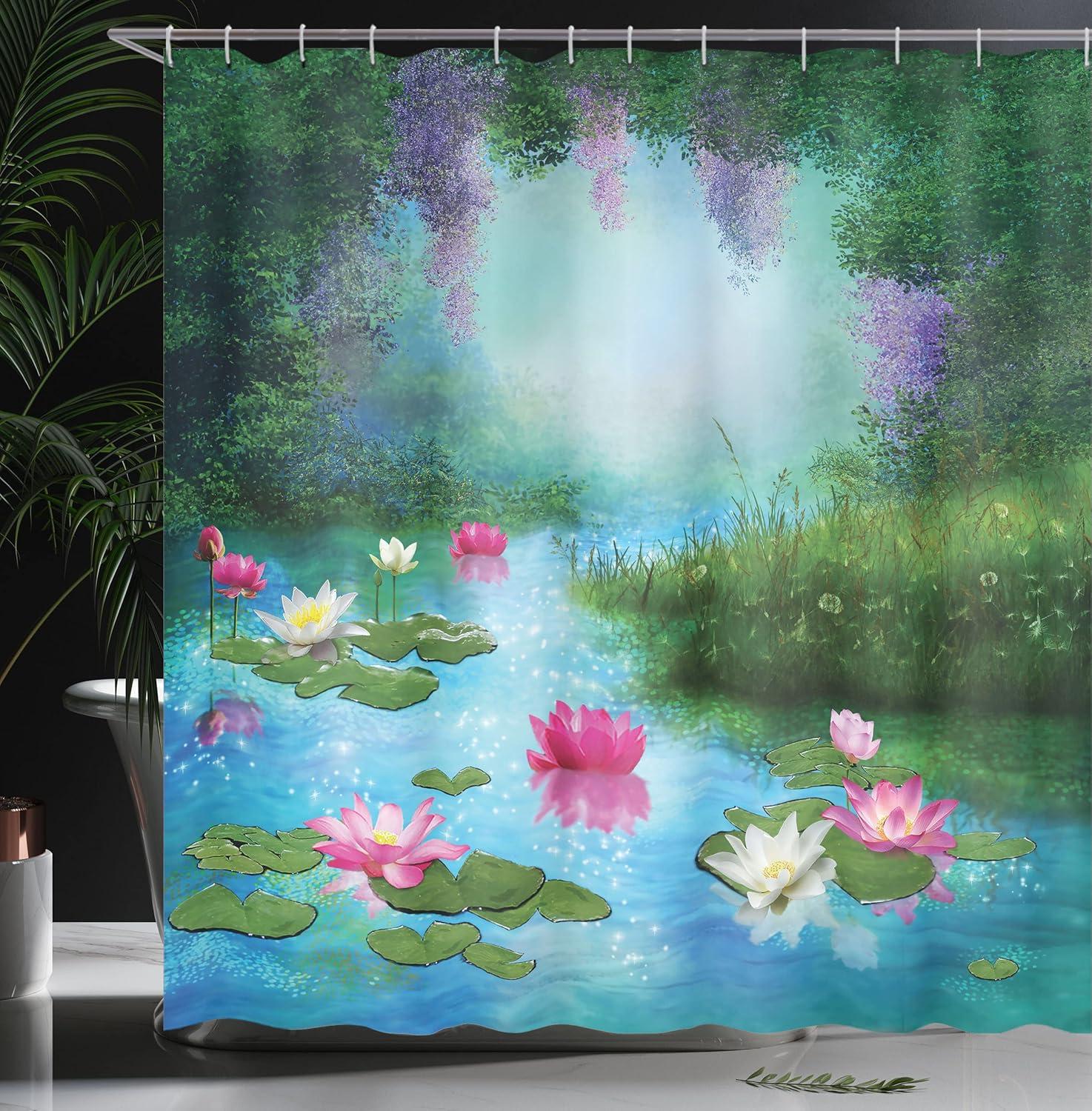 imageAmbesonne Nature Shower Curtain Fantasy Pond Water Lilies Floating Romantic Lotus Digital Art Cloth Fabric Bathroom Decor Set with Hooks 69 W x 70 L Aqua Pink Green