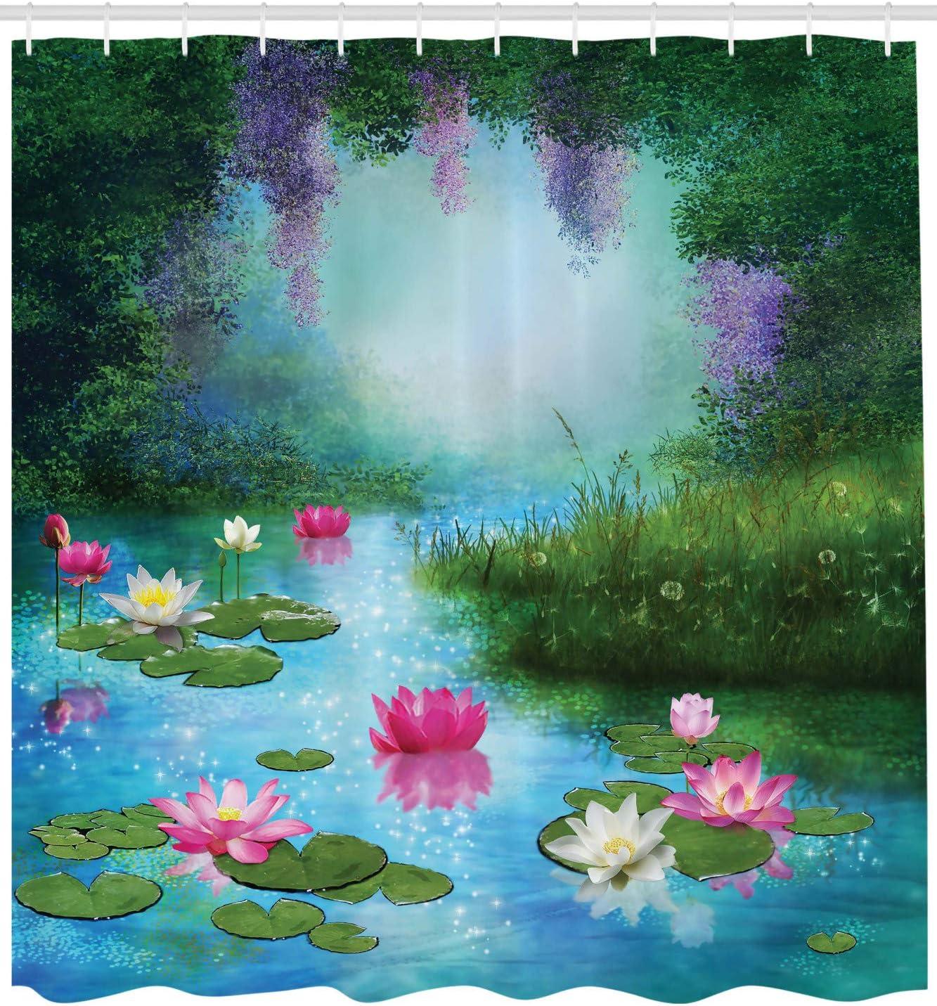 imageAmbesonne Nature Shower Curtain Fantasy Pond Water Lilies Floating Romantic Lotus Digital Art Cloth Fabric Bathroom Decor Set with Hooks 69 W x 70 L Aqua Pink Green