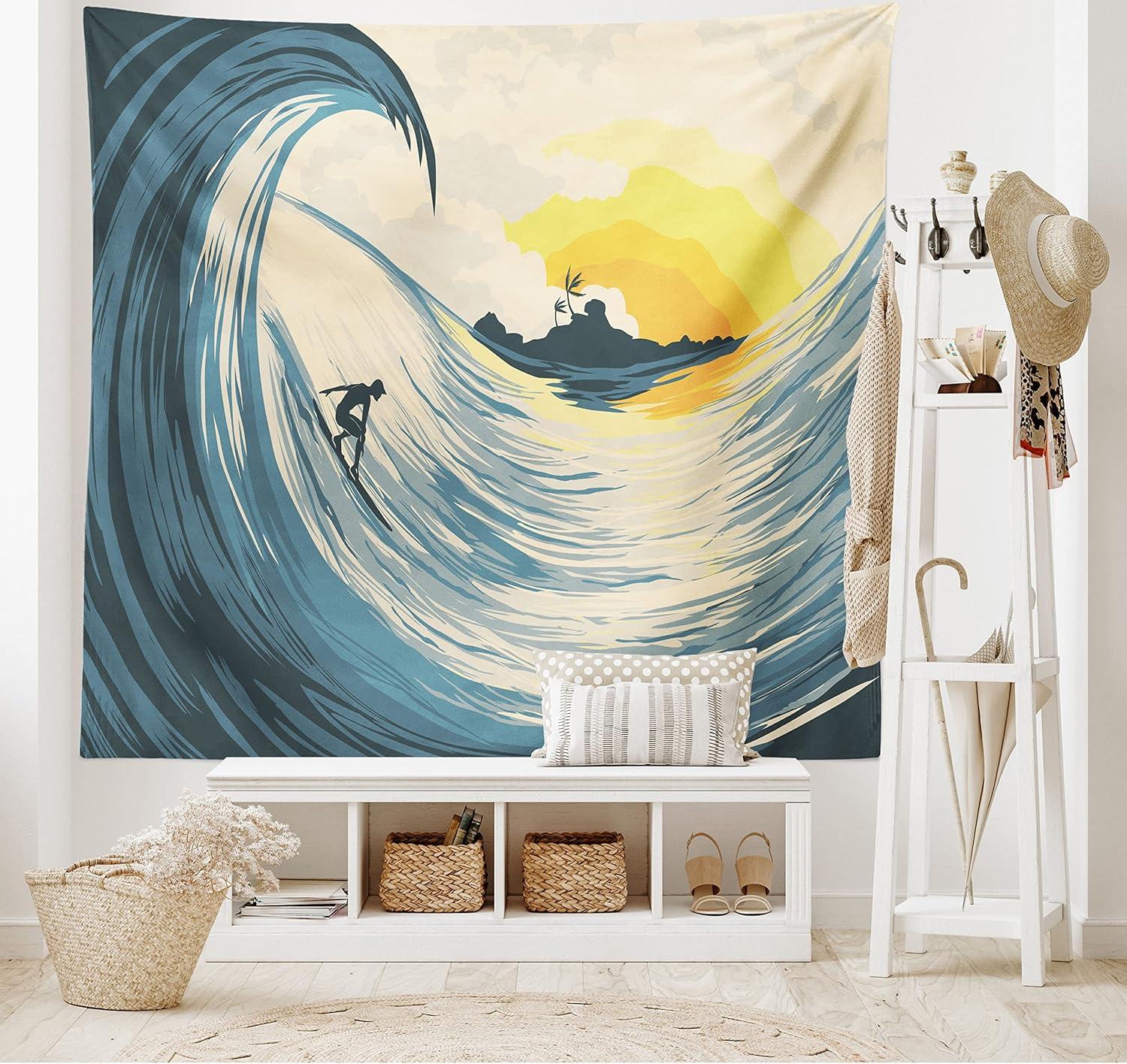 imageAmbesonne Ocean Tapestry Illustration of Cloudy Sky Tropical Island Wave and Surfer at Sunset Seascape Wide Wall Hanging for Bedroom Living Room Dorm 80 X 60 Beige Yellow Navy