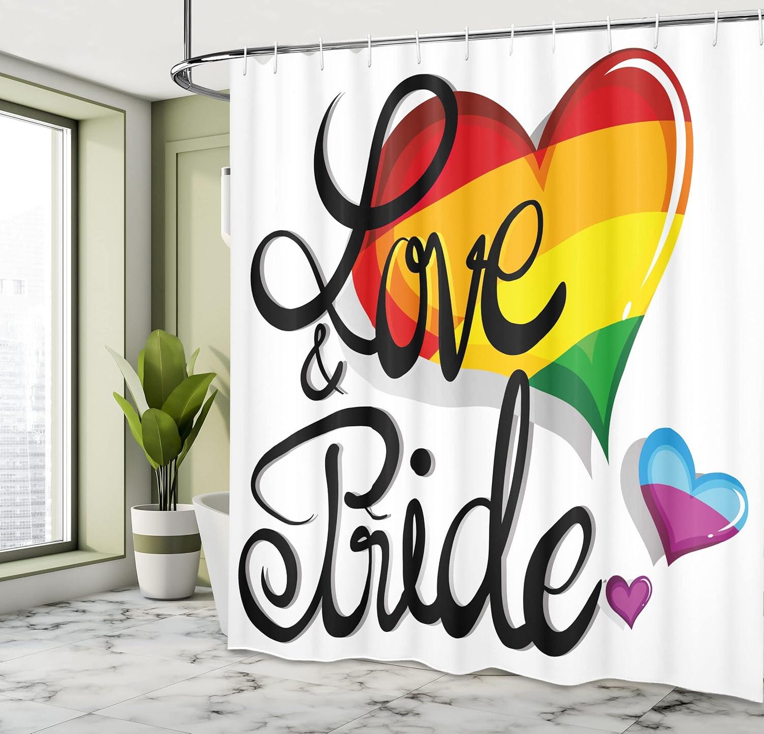 imageAmbesonne Pride Shower Curtain Vibrant Big and Little Hearts Gay Lesbian Transsexual Romantic Design Love and Pride Cloth Fabric Bathroom Decor Set with Hooks 69 W x 70 L Black Yellow