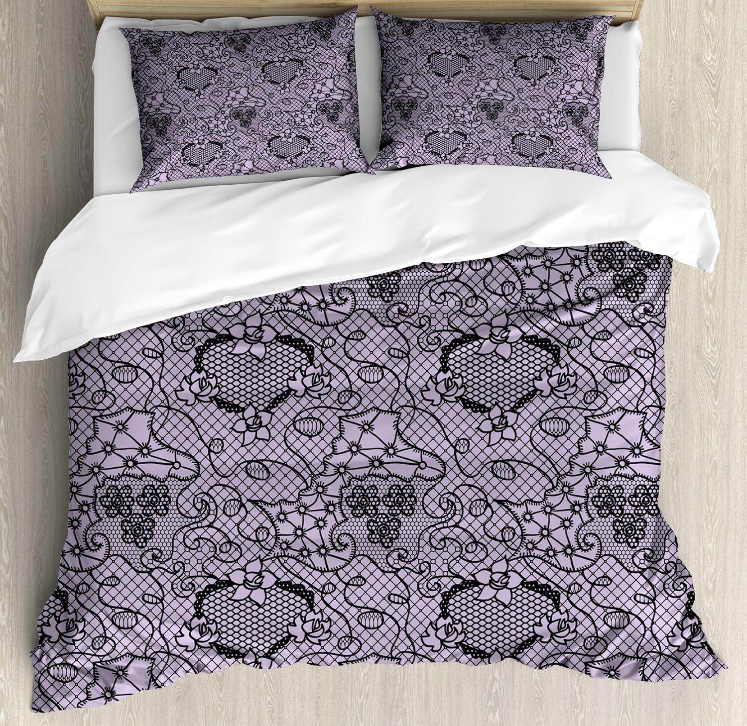 imageAmbesonne Purple Duvet Cover Set Unlucky Black Cat with Heart Filled Backdrop Valentines Day Animal Fun Decorative 3 Piece Bedding Set with 2 Pillow Shams Queen Size Lavender Pink BlackLilac Black