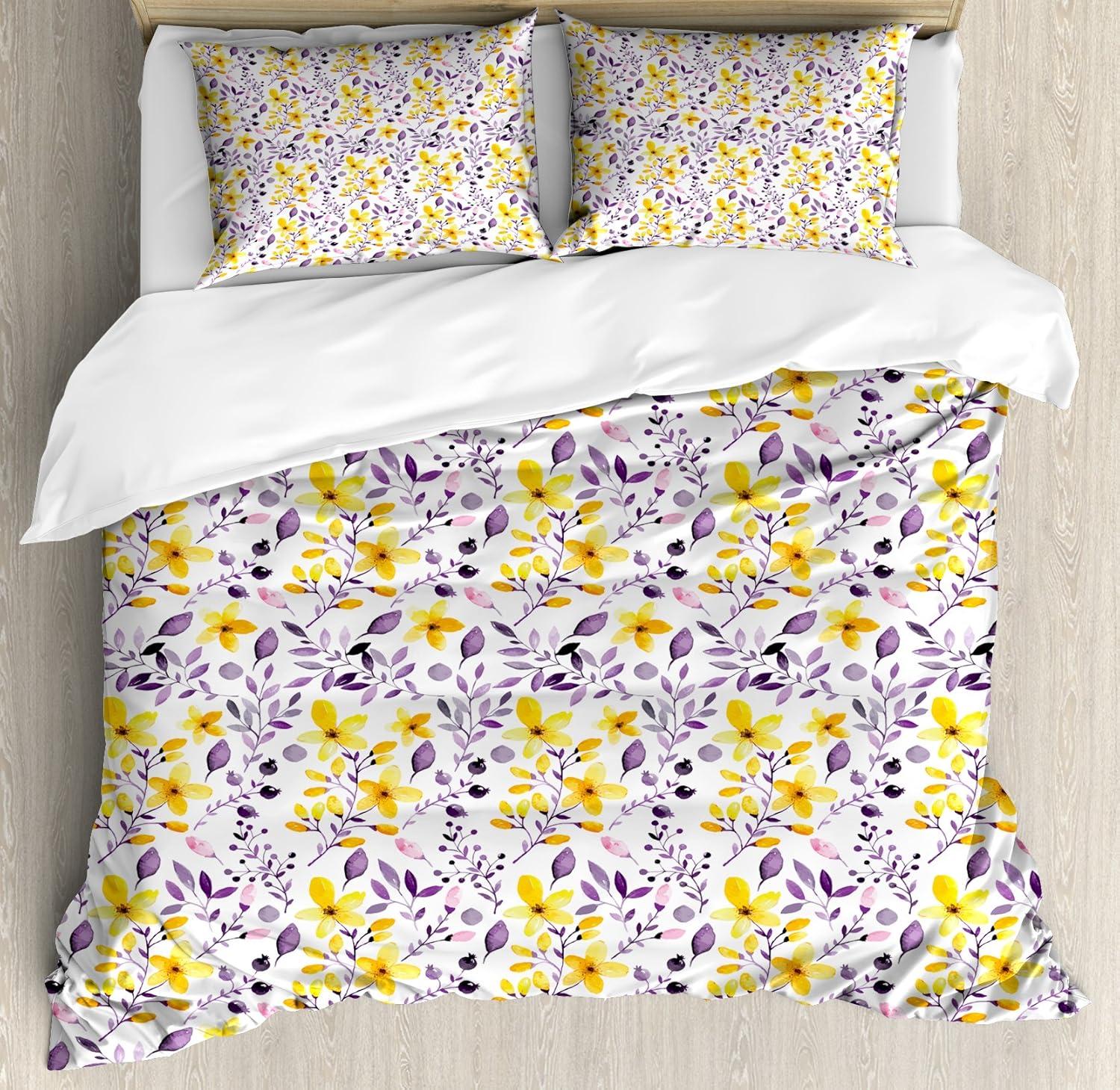 imageAmbesonne Purple Duvet Cover Set Unlucky Black Cat with Heart Filled Backdrop Valentines Day Animal Fun Decorative 3 Piece Bedding Set with 2 Pillow Shams Queen Size Lavender Pink BlackYellow Purple White