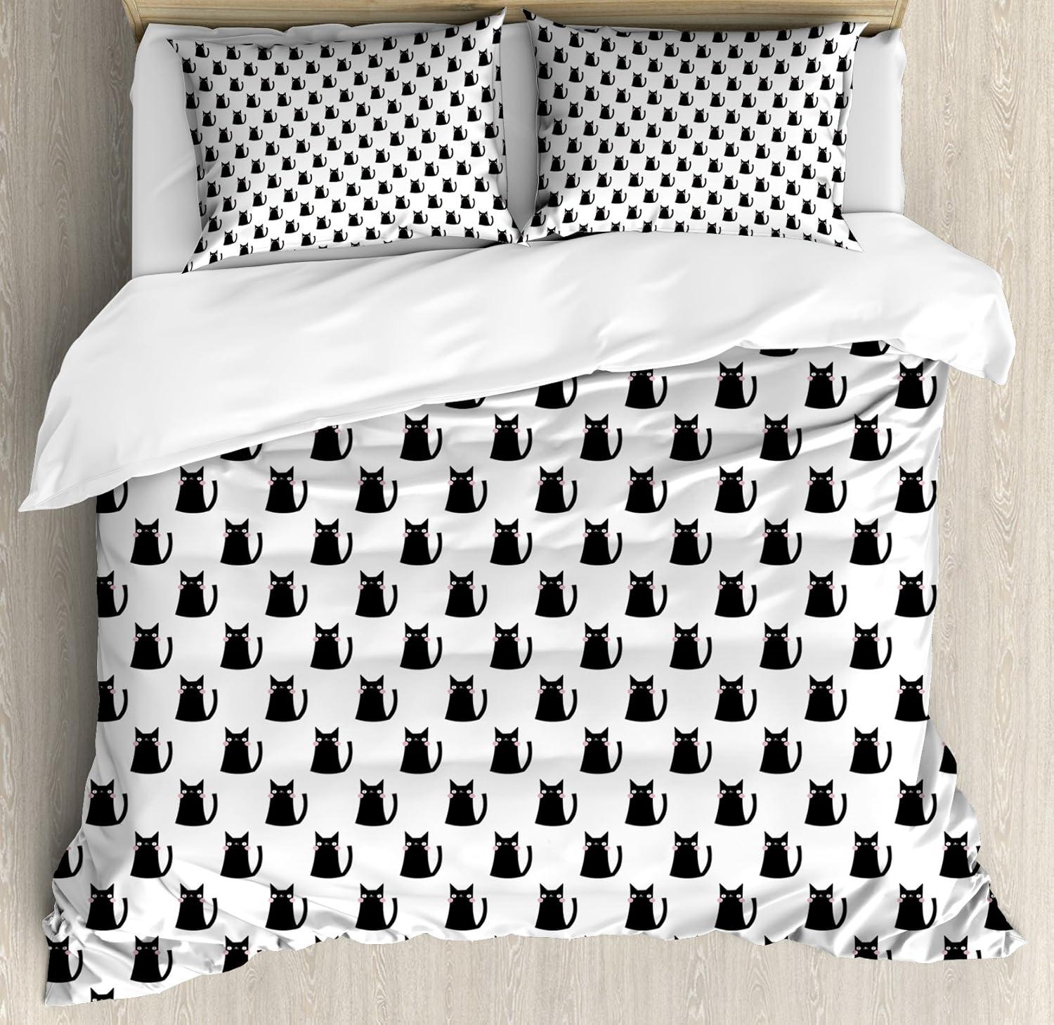 imageAmbesonne Purple Duvet Cover Set Unlucky Black Cat with Heart Filled Backdrop Valentines Day Animal Fun Decorative 3 Piece Bedding Set with 2 Pillow Shams Queen Size Lavender Pink BlackCharcoal Grey Pale Pink