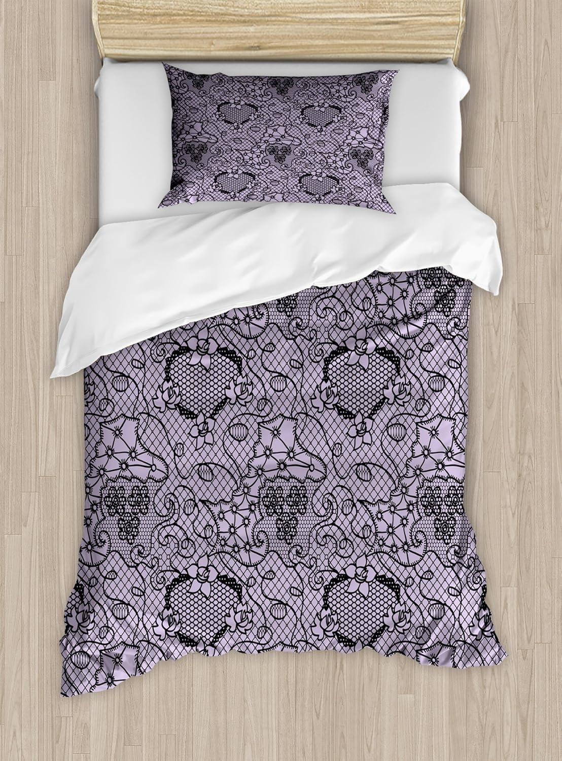 imageAmbesonne Purple Duvet Cover Set Unlucky Black Cat with Heart Filled Backdrop Valentines Day Animal Fun Decorative 3 Piece Bedding Set with 2 Pillow Shams Queen Size Lavender Pink BlackLilac Black