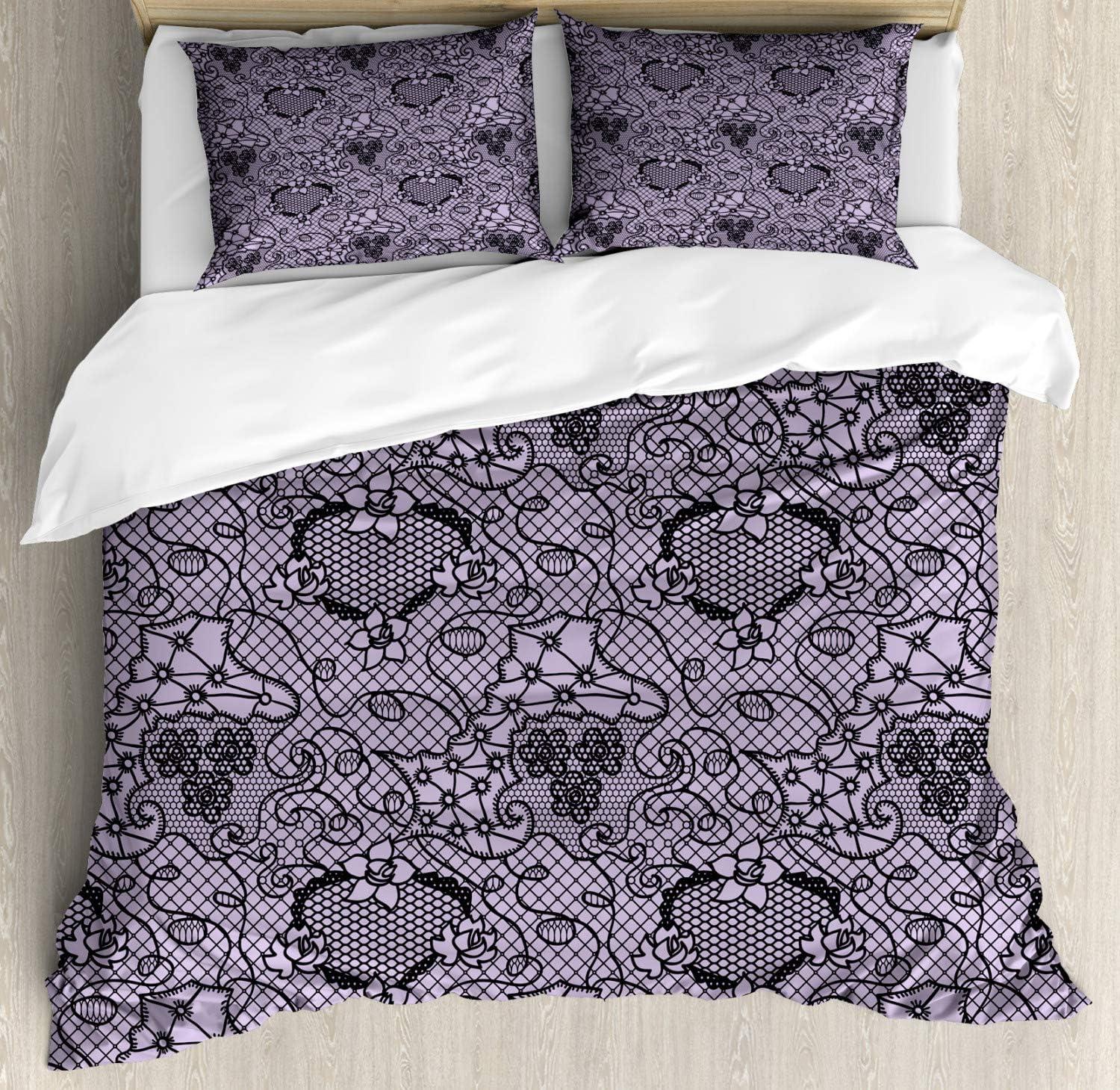 imageAmbesonne Purple Duvet Cover Set Unlucky Black Cat with Heart Filled Backdrop Valentines Day Animal Fun Decorative 3 Piece Bedding Set with 2 Pillow Shams Queen Size Lavender Pink BlackLilac Black