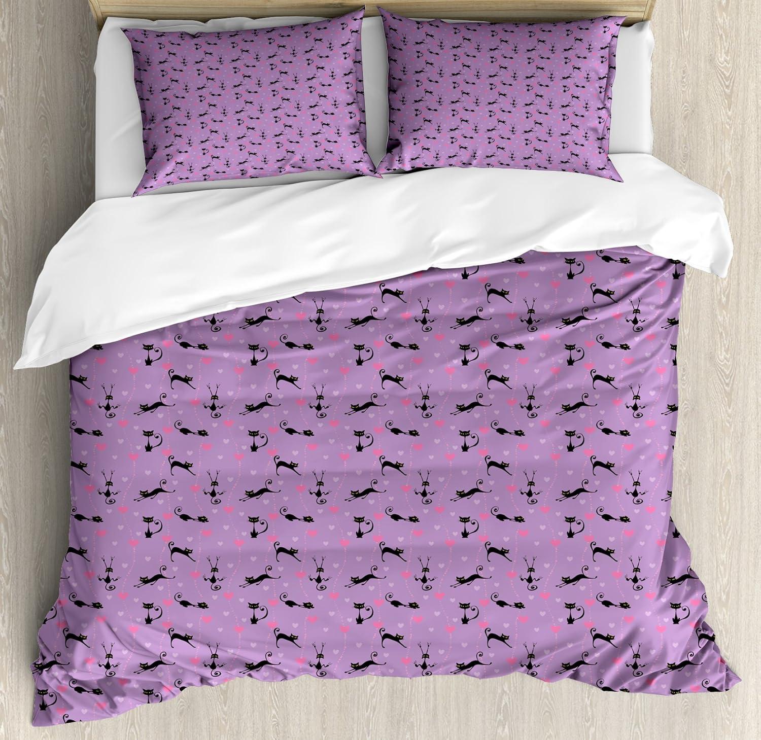 imageAmbesonne Purple Duvet Cover Set Unlucky Black Cat with Heart Filled Backdrop Valentines Day Animal Fun Decorative 3 Piece Bedding Set with 2 Pillow Shams Queen Size Lavender Pink BlackLavender Pink Black