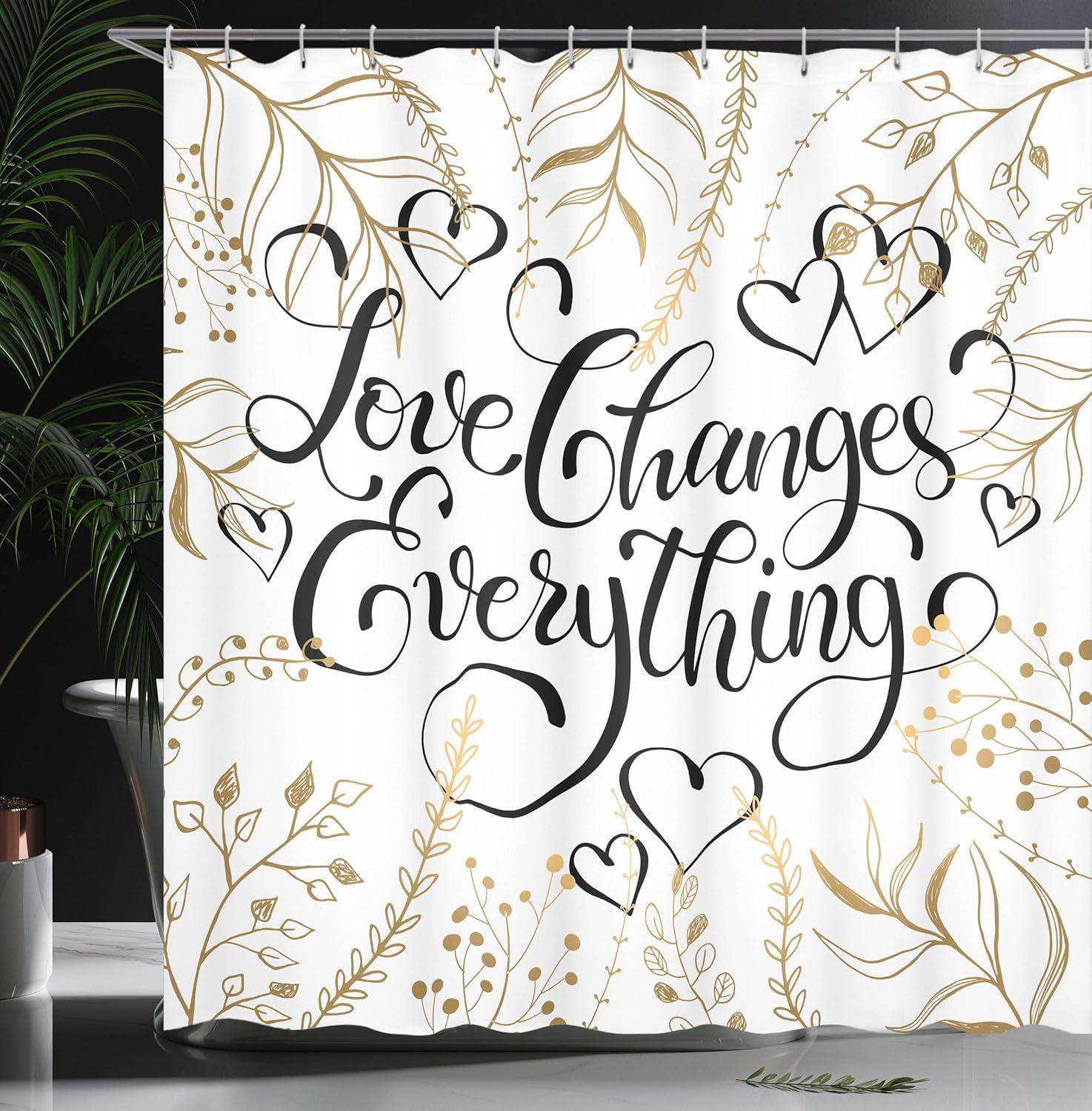 imageAmbesonne Romantic Shower Curtain Foliage Pattern Frame Style Heart Shapes and an Inspirational Words Cloth Fabric Bathroom Decor Set with Hooks 69 W x 70 L Sepia Peach Black