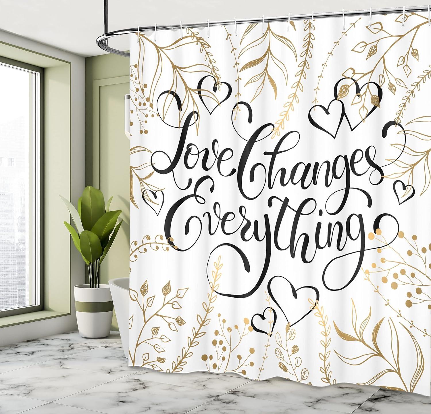 imageAmbesonne Romantic Shower Curtain Foliage Pattern Frame Style Heart Shapes and an Inspirational Words Cloth Fabric Bathroom Decor Set with Hooks 69 W x 70 L Sepia Peach Black