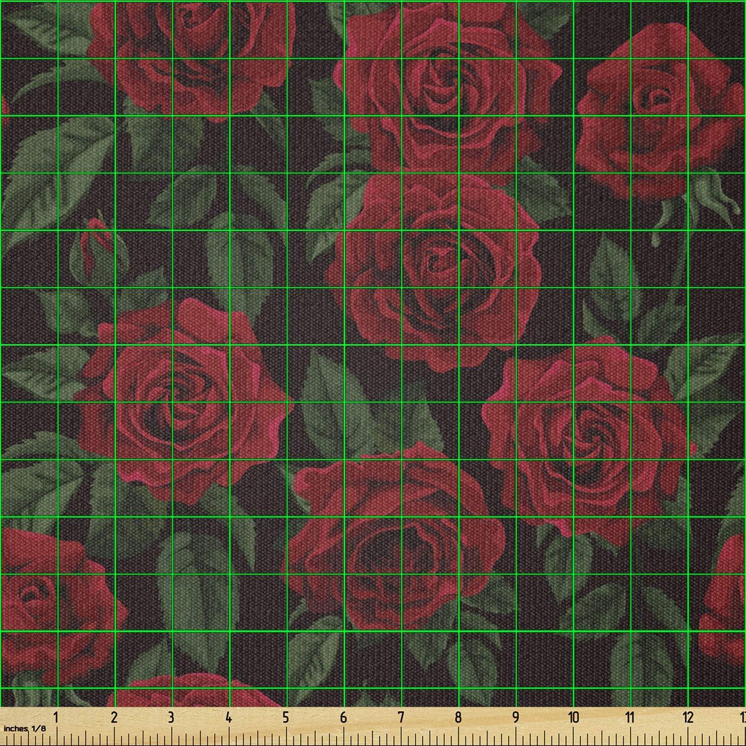 imageAmbesonne Rose Fabric by The Yard Valentines Day Retro Style Petals with Leaves Ornamental Growth Pattern Stretch Knit Fabric for Clothing Sewing and Arts Crafts 10 Yards Ruby Hunter Green BlackRuby Hunter Green Black