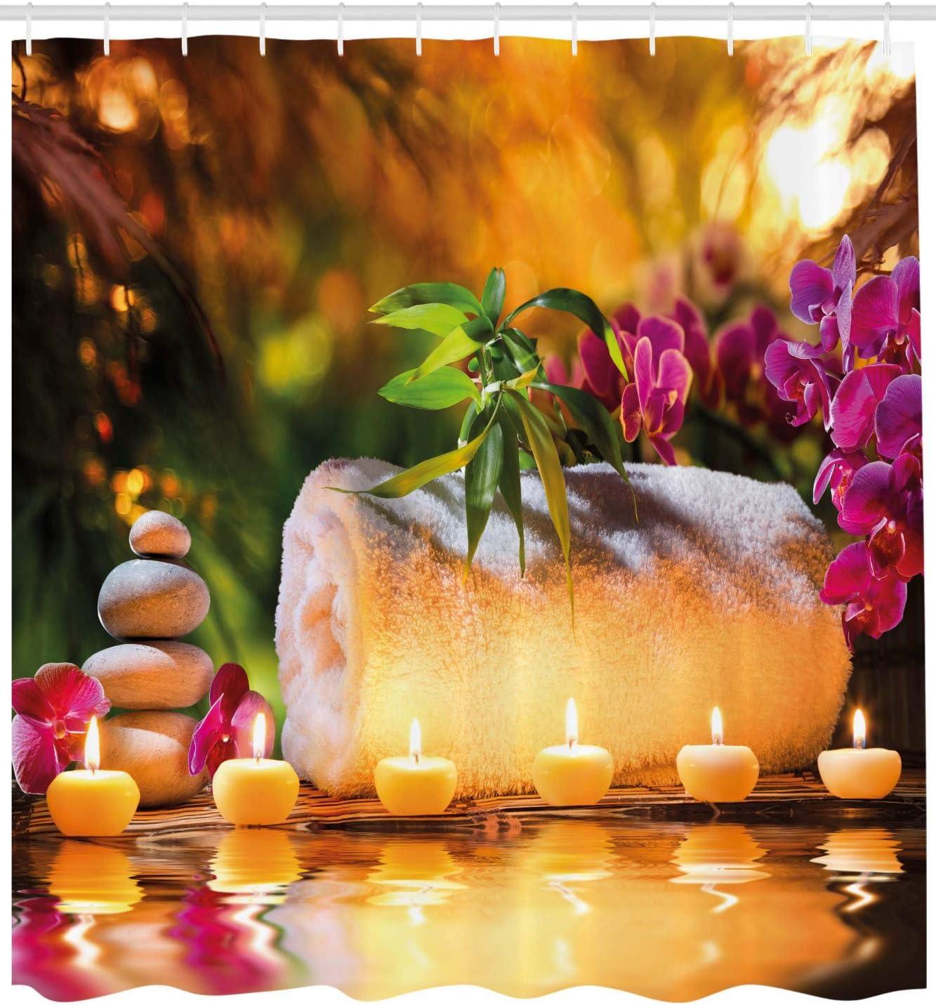 imageAmbesonne Spa Shower Curtain Classic Relaxing Day Joy in The Garden Romantic Candles and Orchids Cloth Fabric Bathroom Decor Set with Hooks 69 W x 84 L Purple White and Green