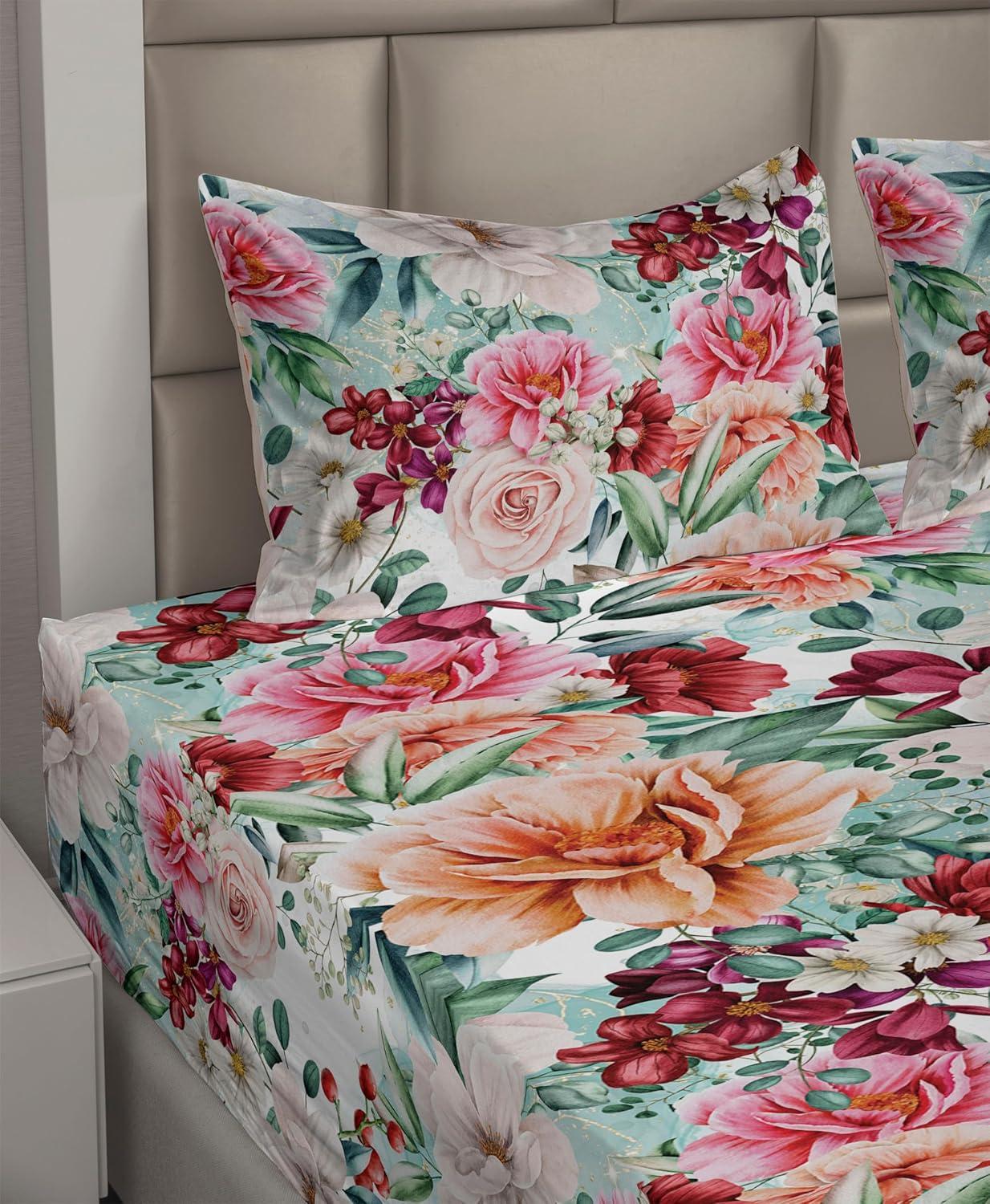 imageAmbesonne Spring Floral Sheet Set Valentines Day Concept Romantic Garden Flowers with Leaves Greenery Fitted and Flat Sheet with Pillowcases Bedding Accent 4 Piece Set Queen Seafoam Peach WhiteJade Green Burnt Sienna