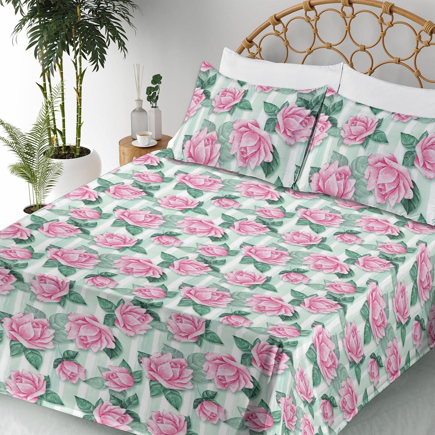 imageAmbesonne Spring Floral Sheet Set Valentines Day Concept Romantic Garden Flowers with Leaves Greenery Fitted and Flat Sheet with Pillowcases Bedding Accent 4 Piece Set Queen Seafoam Peach WhitePastel Pink Jade Green