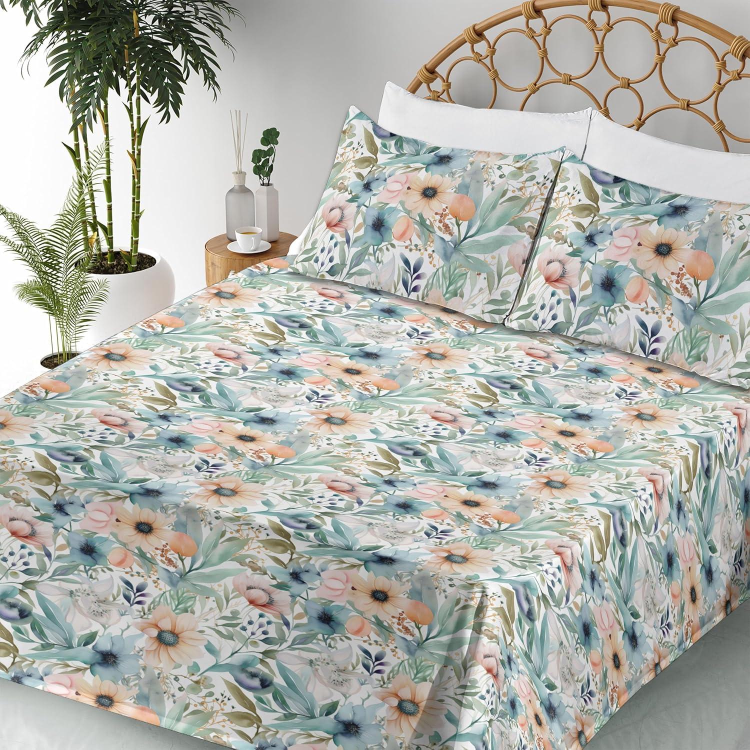 imageAmbesonne Spring Floral Sheet Set Valentines Day Concept Romantic Garden Flowers with Leaves Greenery Fitted and Flat Sheet with Pillowcases Bedding Accent 4 Piece Set Queen Seafoam Peach WhiteSeafoam Peach White