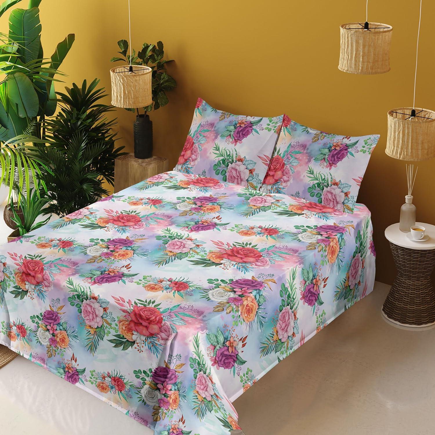 imageAmbesonne Spring Floral Sheet Set Valentines Day Concept Romantic Garden Flowers with Leaves Greenery Fitted and Flat Sheet with Pillowcases Bedding Accent 4 Piece Set Queen Seafoam Peach WhiteMulticolor Dark Coral