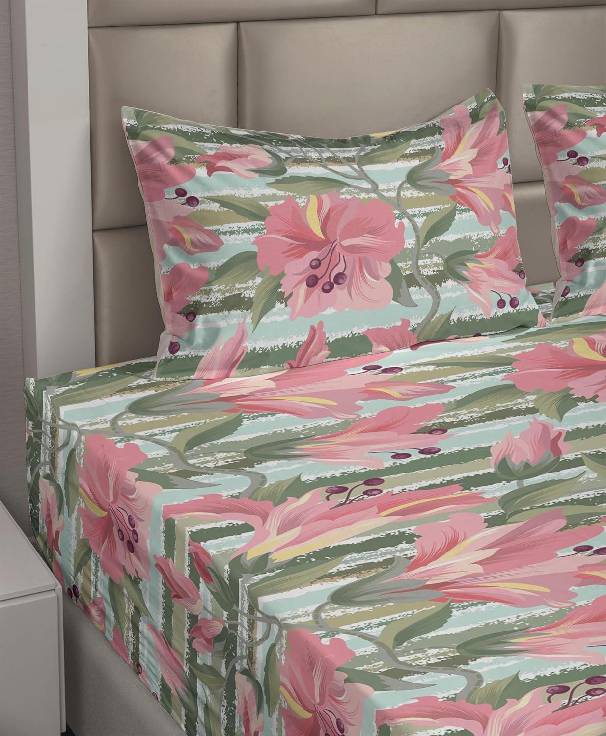 imageAmbesonne Spring Floral Sheet Set Valentines Day Concept Romantic Garden Flowers with Leaves Greenery Fitted and Flat Sheet with Pillowcases Bedding Accent 4 Piece Set Queen Seafoam Peach WhitePeacock Green Pastel Pink