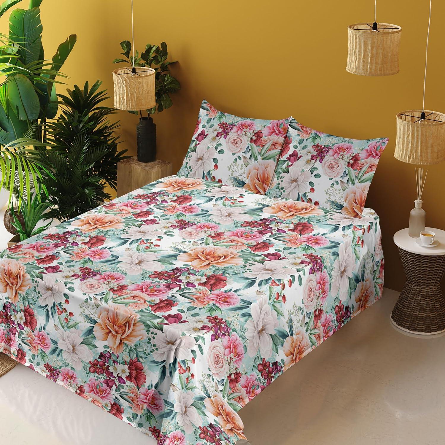 imageAmbesonne Spring Floral Sheet Set Valentines Day Concept Romantic Garden Flowers with Leaves Greenery Fitted and Flat Sheet with Pillowcases Bedding Accent 4 Piece Set Queen Seafoam Peach WhiteJade Green Burnt Sienna