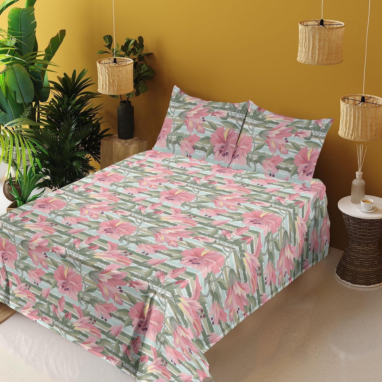 imageAmbesonne Spring Floral Sheet Set Valentines Day Concept Romantic Garden Flowers with Leaves Greenery Fitted and Flat Sheet with Pillowcases Bedding Accent 4 Piece Set Queen Seafoam Peach WhitePeacock Green Pastel Pink