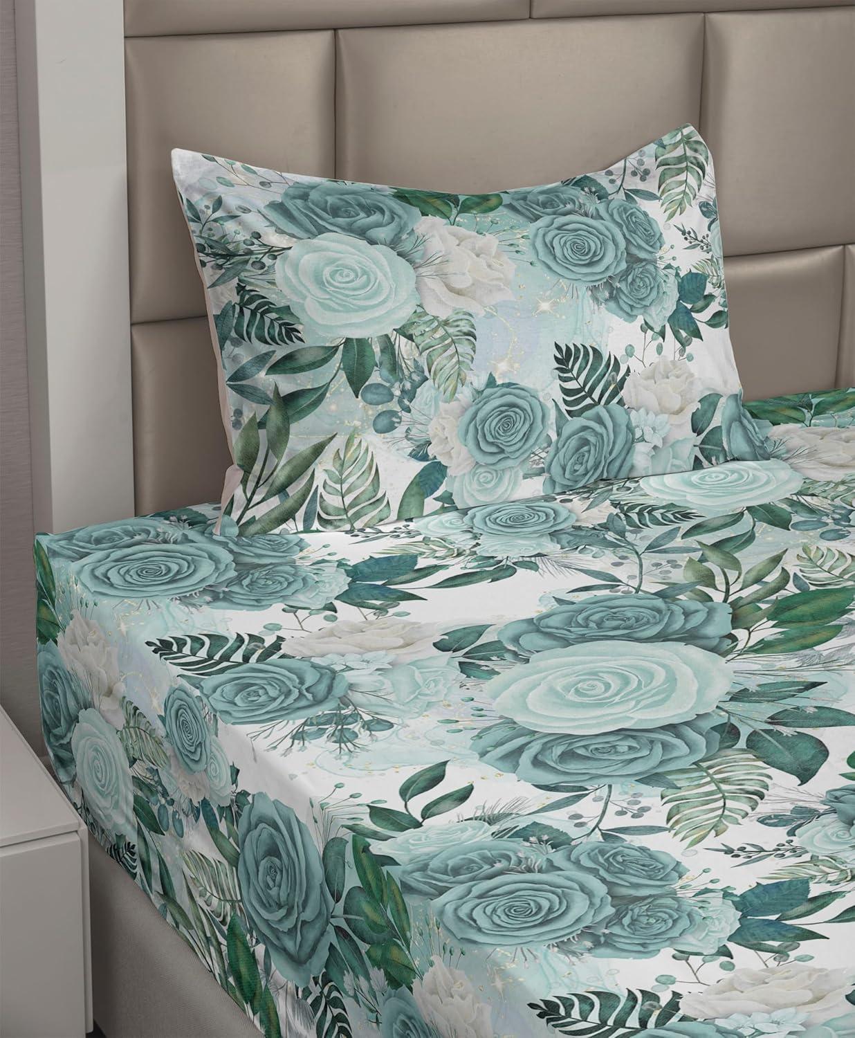 imageAmbesonne Spring Floral Sheet Set Valentines Day Concept Romantic Garden Flowers with Leaves Greenery Fitted and Flat Sheet with Pillowcases Bedding Accent 4 Piece Set Queen Seafoam Peach WhiteSea Green Mint Green