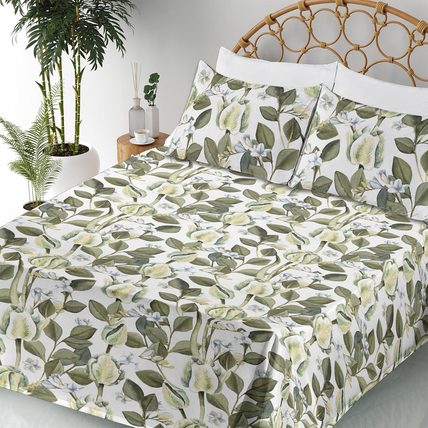 imageAmbesonne Spring Floral Sheet Set Valentines Day Concept Romantic Garden Flowers with Leaves Greenery Fitted and Flat Sheet with Pillowcases Bedding Accent 4 Piece Set Queen Seafoam Peach WhitePistachio Green and White