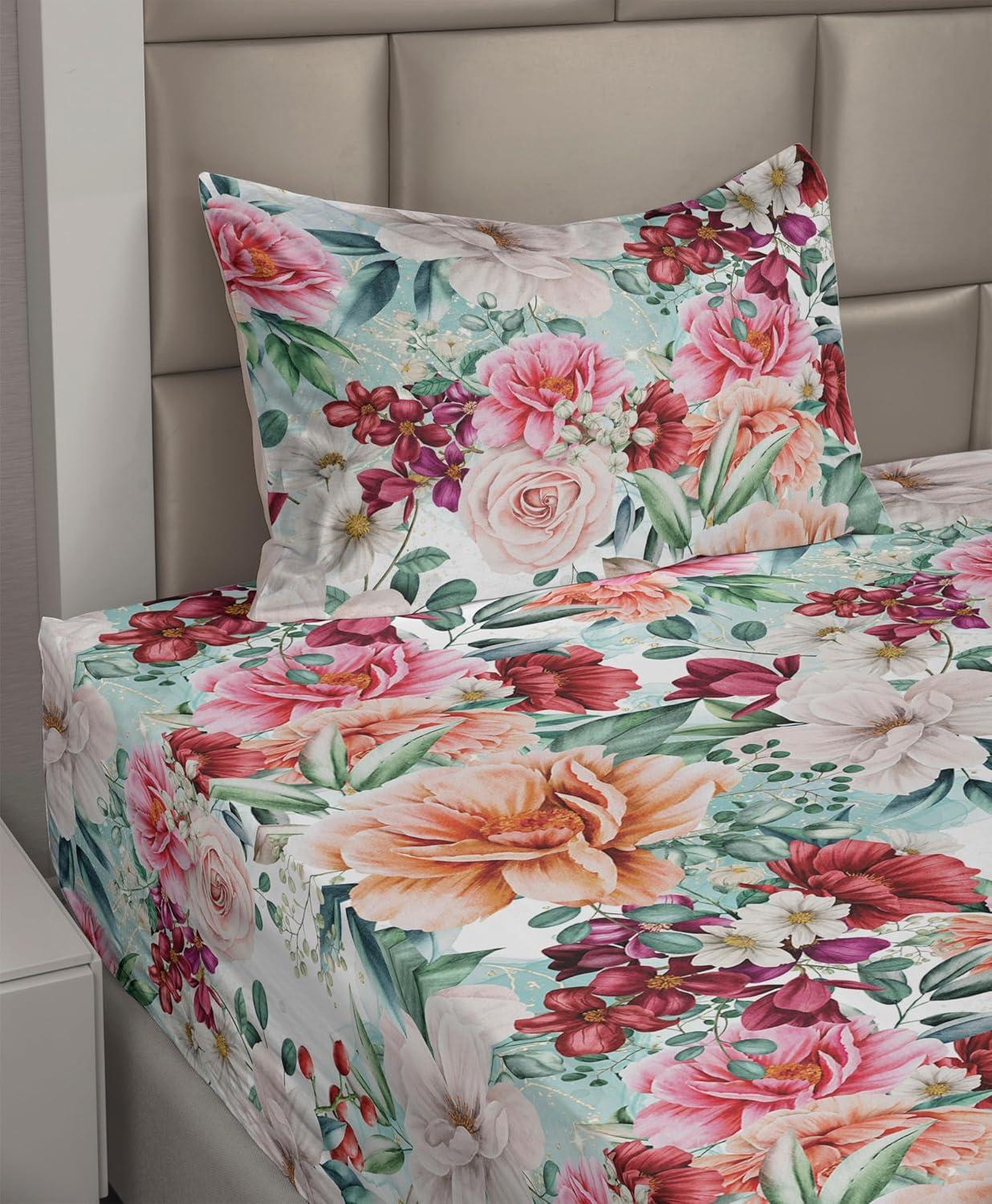 imageAmbesonne Spring Floral Sheet Set Valentines Day Concept Romantic Garden Flowers with Leaves Greenery Fitted and Flat Sheet with Pillowcases Bedding Accent 4 Piece Set Queen Seafoam Peach WhiteJade Green Burnt Sienna