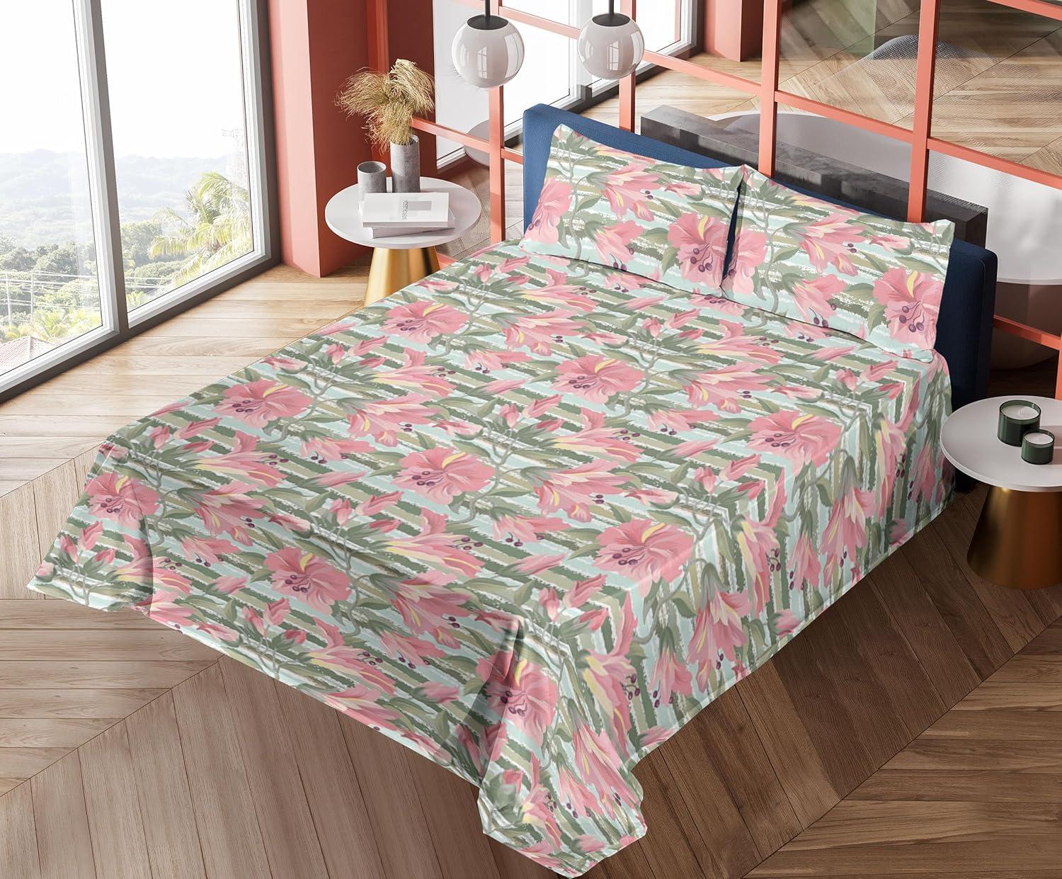 imageAmbesonne Spring Floral Sheet Set Valentines Day Concept Romantic Garden Flowers with Leaves Greenery Fitted and Flat Sheet with Pillowcases Bedding Accent 4 Piece Set Queen Seafoam Peach WhitePeacock Green Pastel Pink