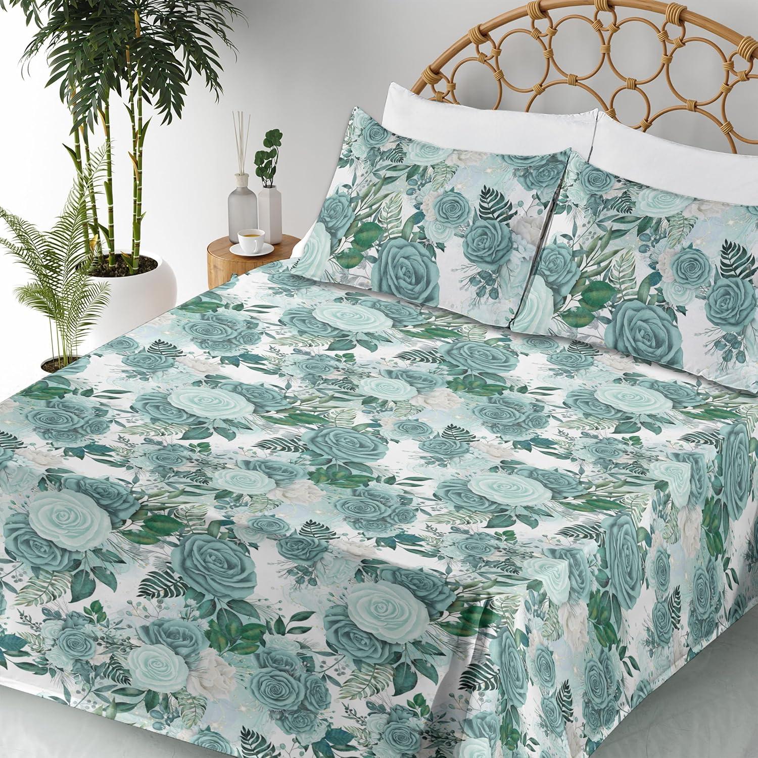imageAmbesonne Spring Floral Sheet Set Valentines Day Concept Romantic Garden Flowers with Leaves Greenery Fitted and Flat Sheet with Pillowcases Bedding Accent 4 Piece Set Queen Seafoam Peach WhiteSea Green Mint Green