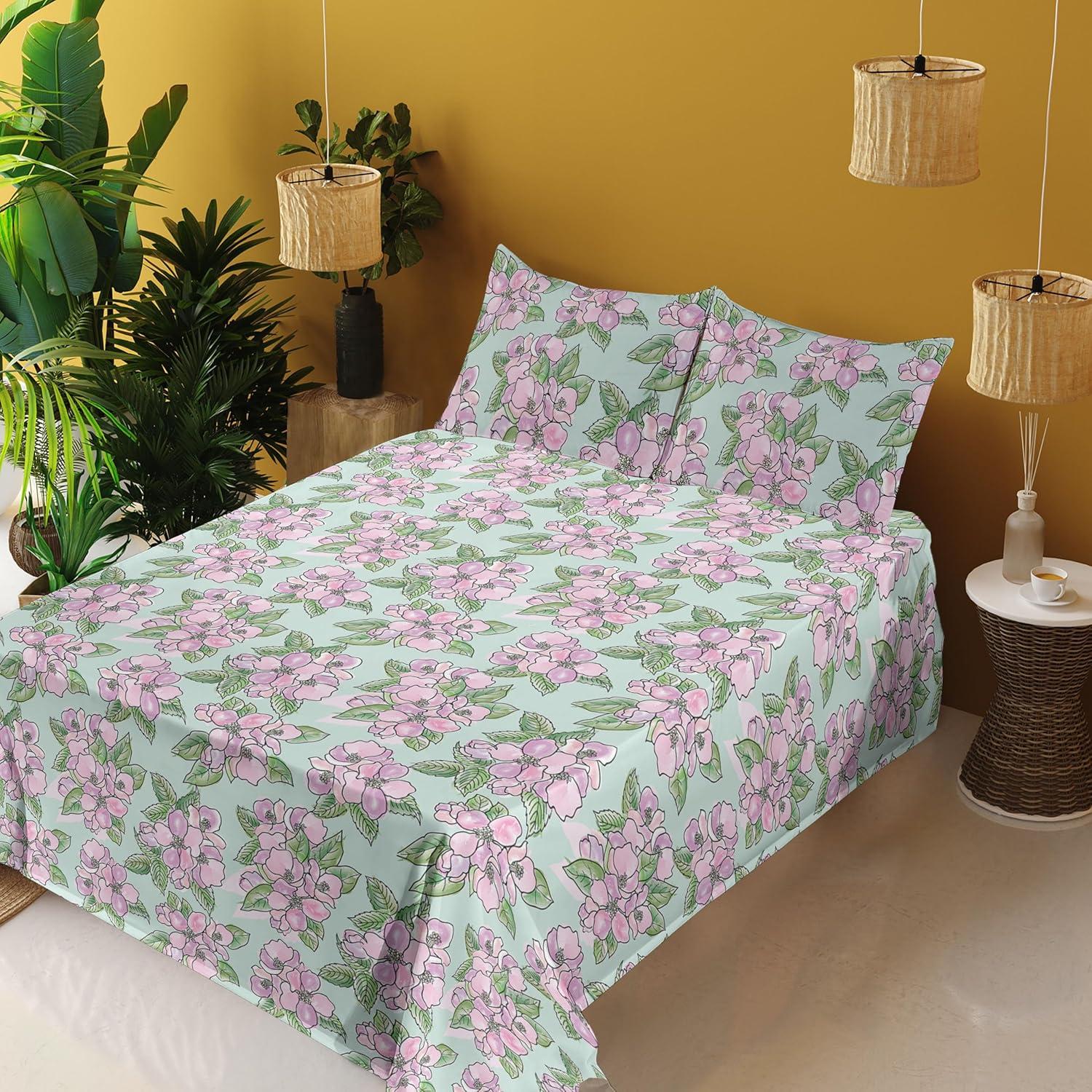 imageAmbesonne Spring Floral Sheet Set Valentines Day Concept Romantic Garden Flowers with Leaves Greenery Fitted and Flat Sheet with Pillowcases Bedding Accent 4 Piece Set Queen Seafoam Peach WhitePale Fuchsia Fern Green