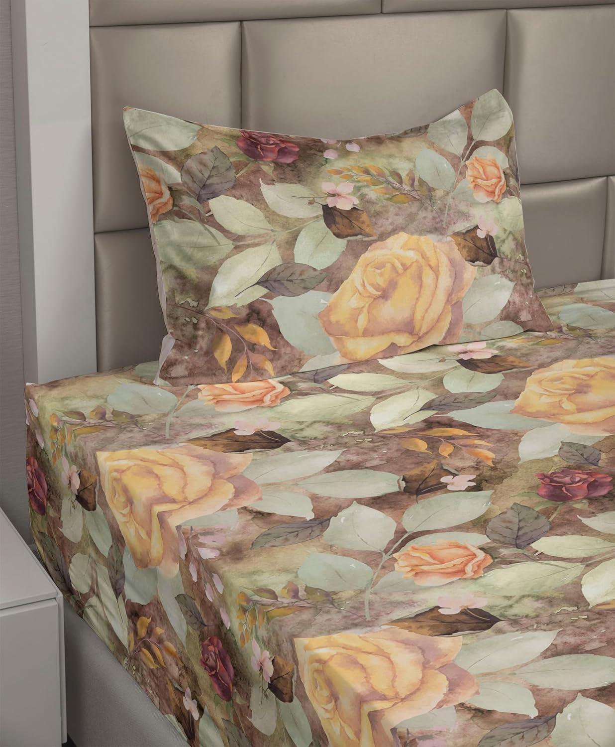 imageAmbesonne Spring Floral Sheet Set Valentines Day Concept Romantic Garden Flowers with Leaves Greenery Fitted and Flat Sheet with Pillowcases Bedding Accent 4 Piece Set Queen Seafoam Peach WhiteMustard Pistachio Green