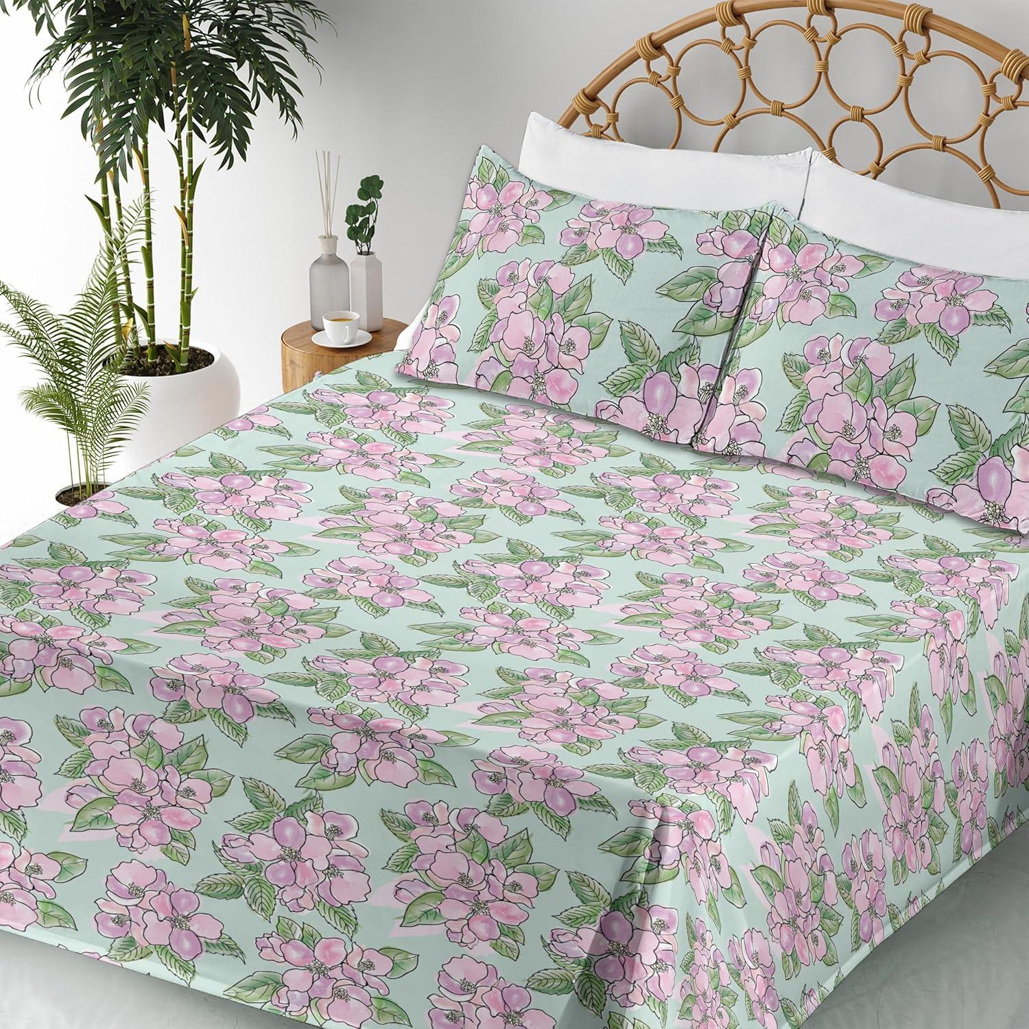 imageAmbesonne Spring Floral Sheet Set Valentines Day Concept Romantic Garden Flowers with Leaves Greenery Fitted and Flat Sheet with Pillowcases Bedding Accent 4 Piece Set Queen Seafoam Peach WhitePale Fuchsia Fern Green
