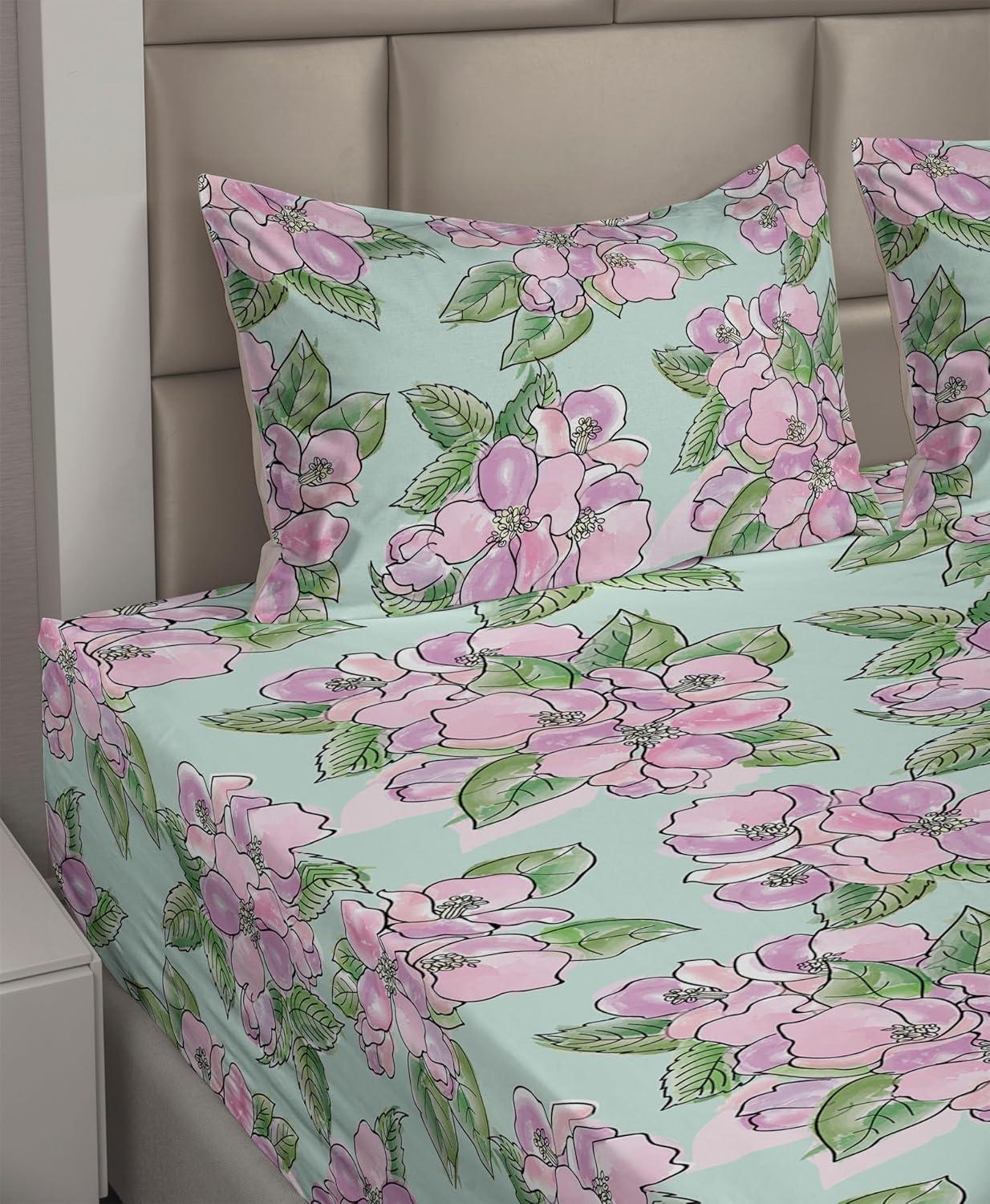 imageAmbesonne Spring Floral Sheet Set Valentines Day Concept Romantic Garden Flowers with Leaves Greenery Fitted and Flat Sheet with Pillowcases Bedding Accent 4 Piece Set Queen Seafoam Peach WhitePale Fuchsia Fern Green