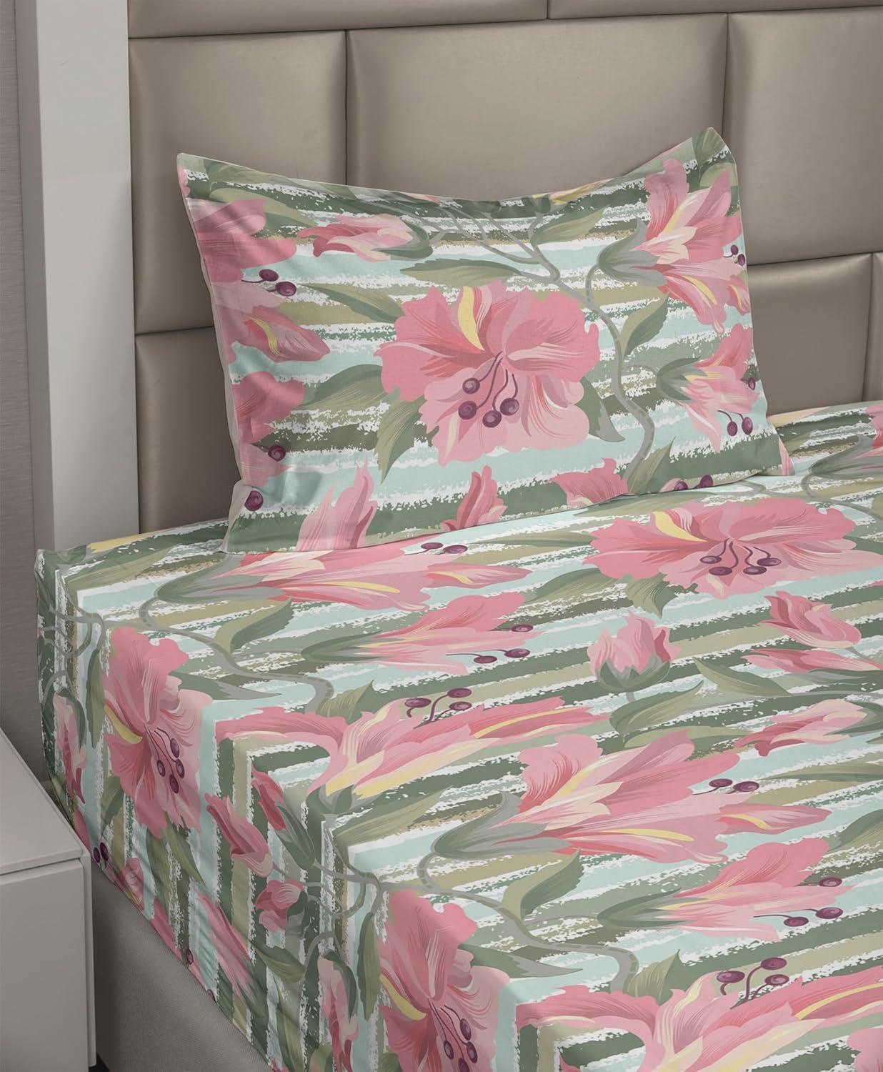 imageAmbesonne Spring Floral Sheet Set Valentines Day Concept Romantic Garden Flowers with Leaves Greenery Fitted and Flat Sheet with Pillowcases Bedding Accent 4 Piece Set Queen Seafoam Peach WhitePeacock Green Pastel Pink
