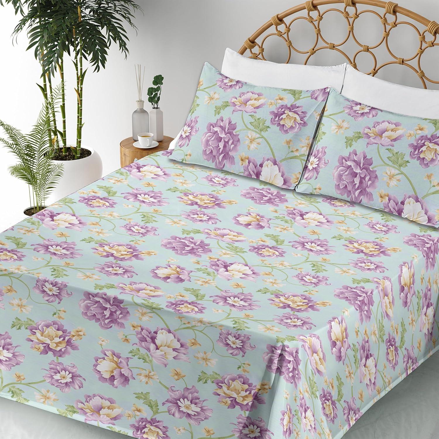 imageAmbesonne Spring Floral Sheet Set Valentines Day Concept Romantic Garden Flowers with Leaves Greenery Fitted and Flat Sheet with Pillowcases Bedding Accent 4 Piece Set Queen Seafoam Peach WhitePale Eggplant Green
